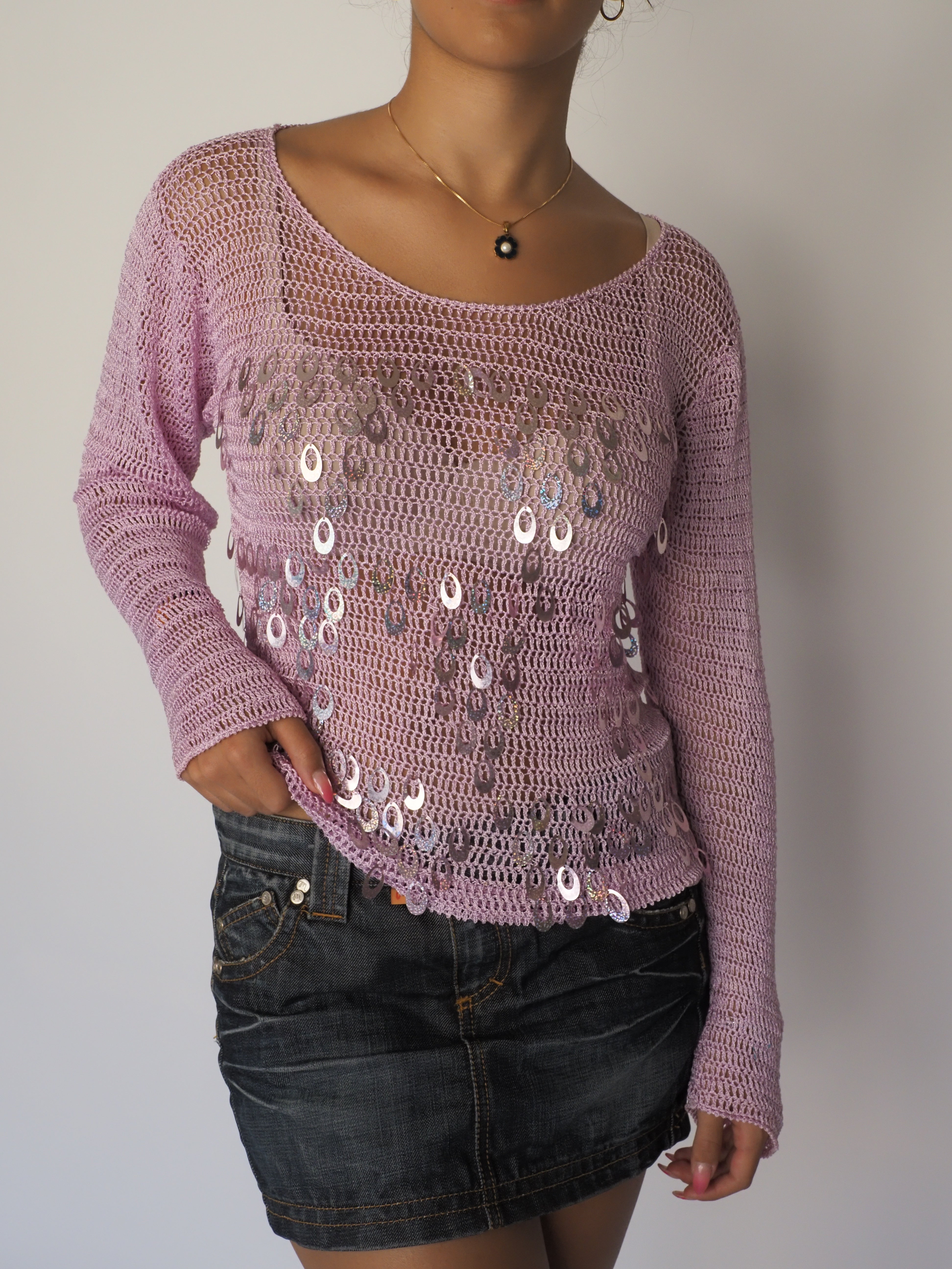 Lilac Crochet Mesh Long Sleeve Top with Iridescent Sequin Detailing