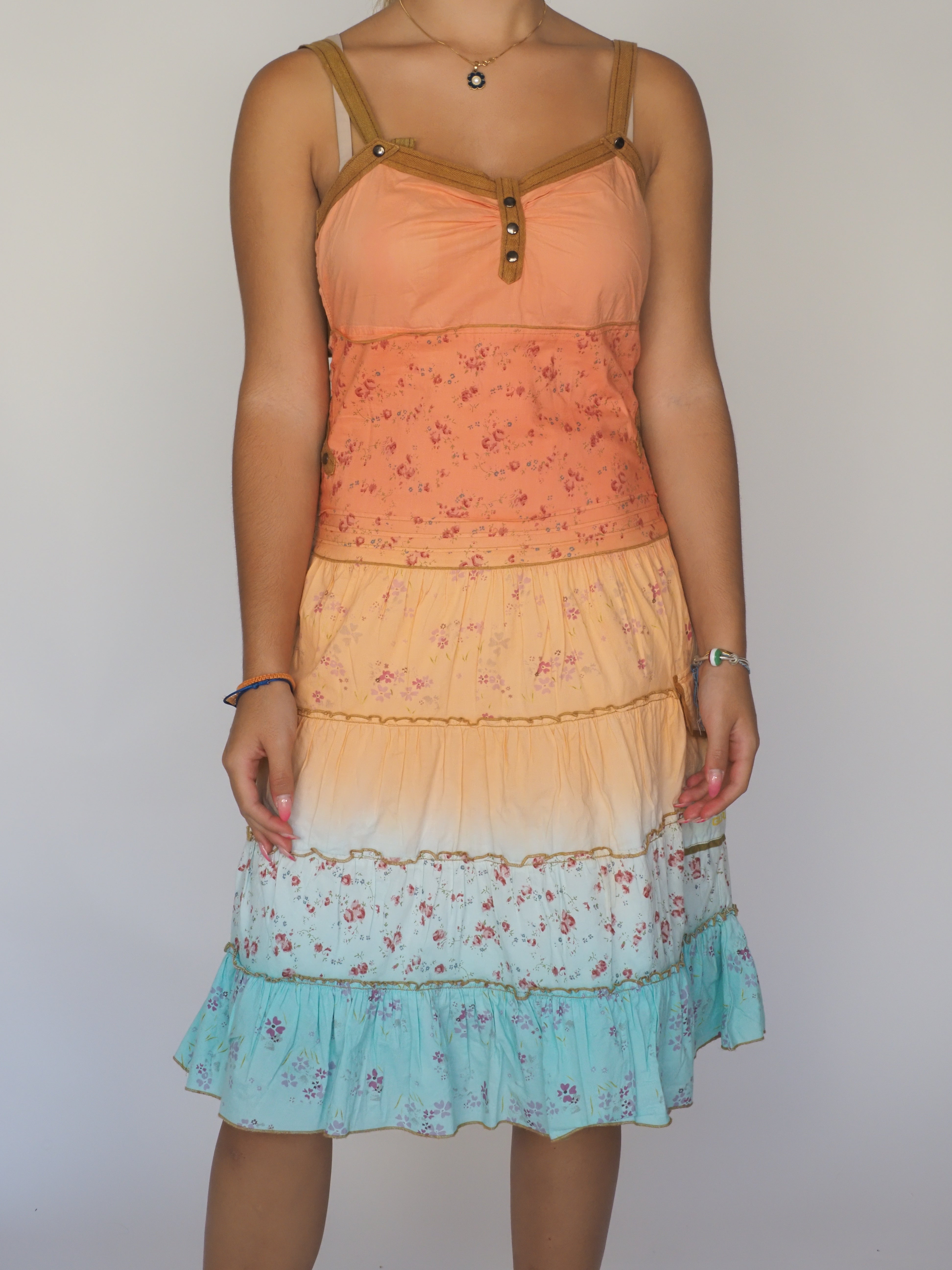 Boho Sunset Tiered Midi Dress – Guru – Orange, Yellow & Aqua Floral