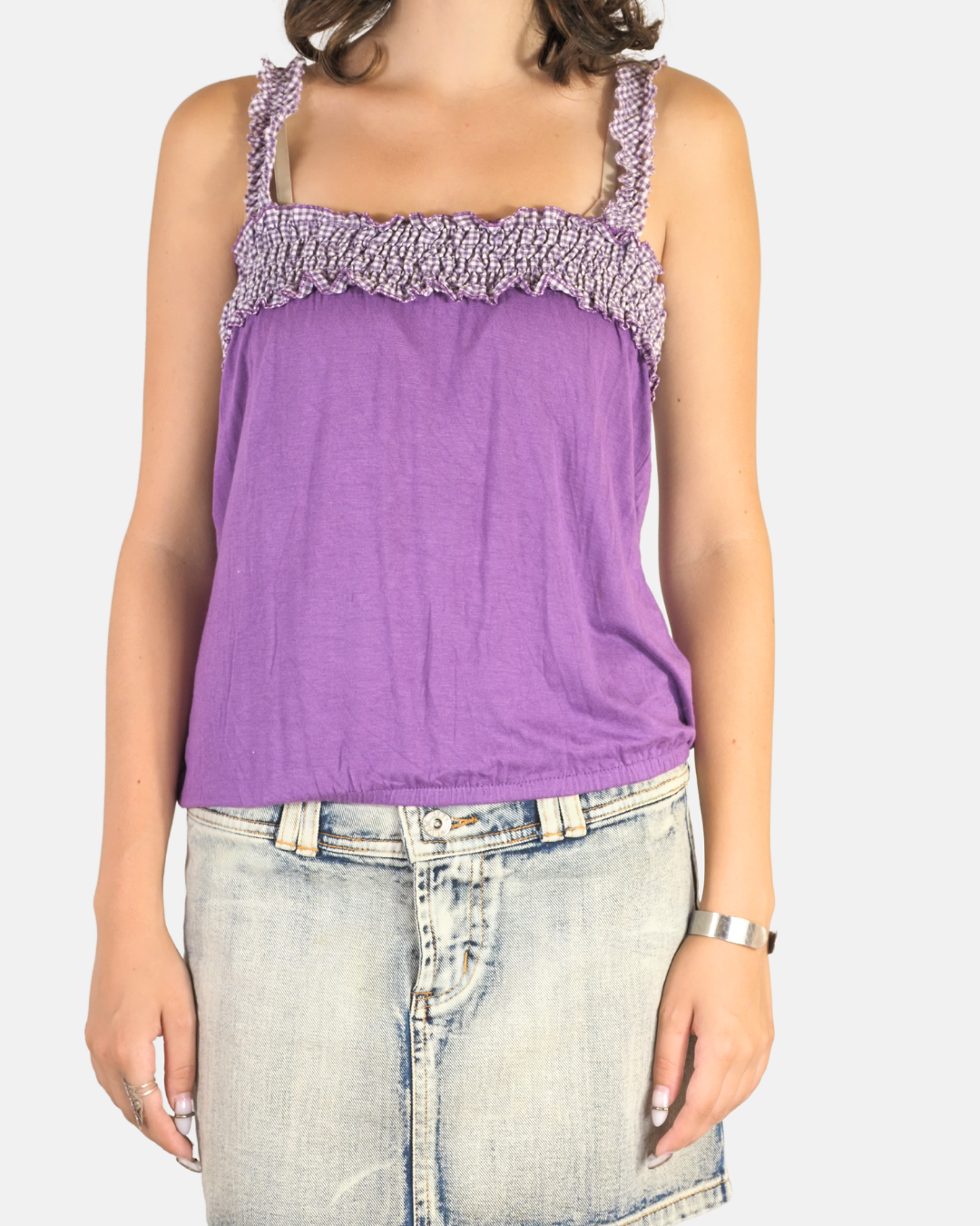 Y2K Purple Gingham Ruffle Strap Cami Top