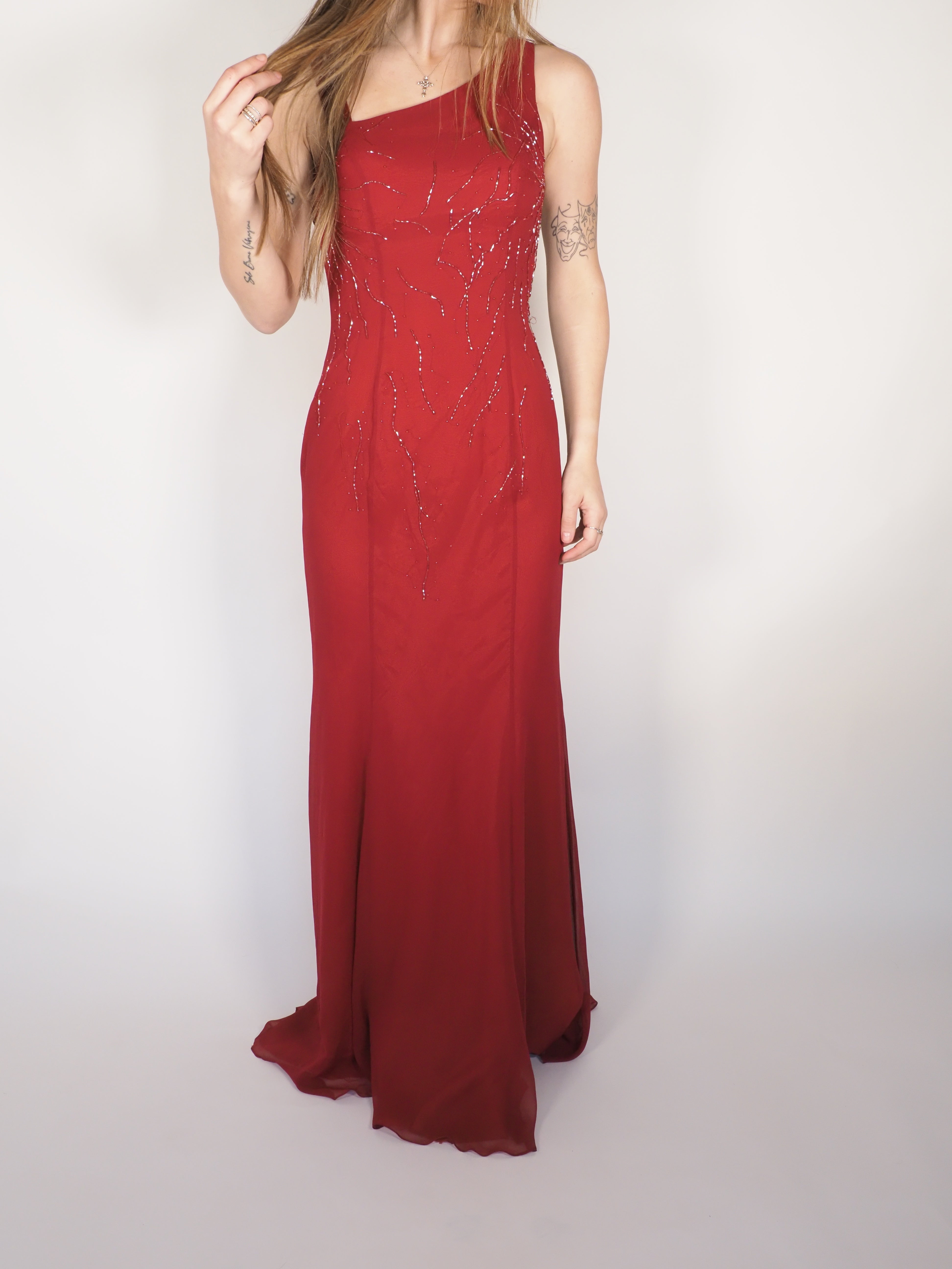 Crimson One-Shoulder Beaded Evening Gown
