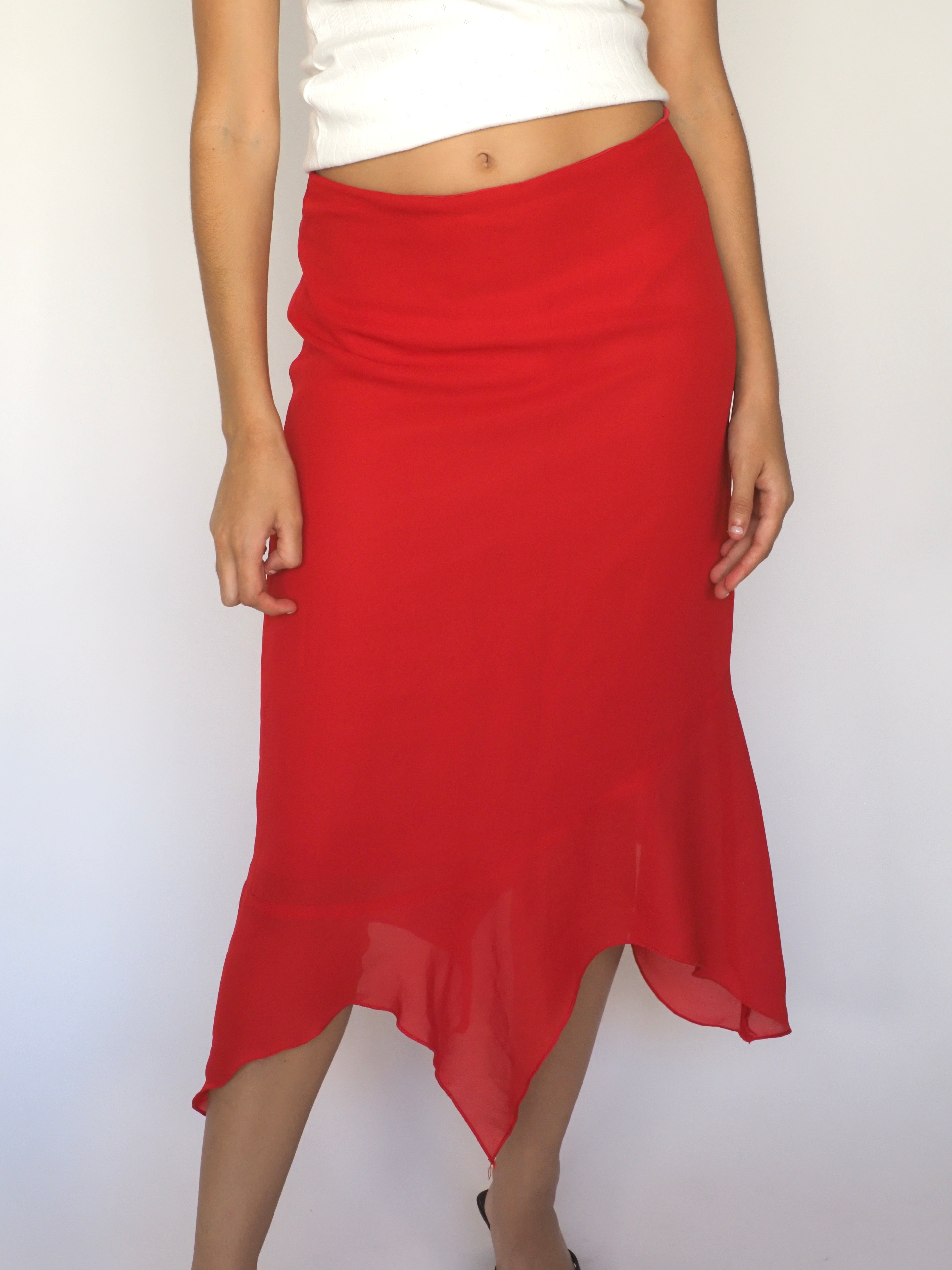 Red Handkerchief-Hem Chiffon Midi Skirt