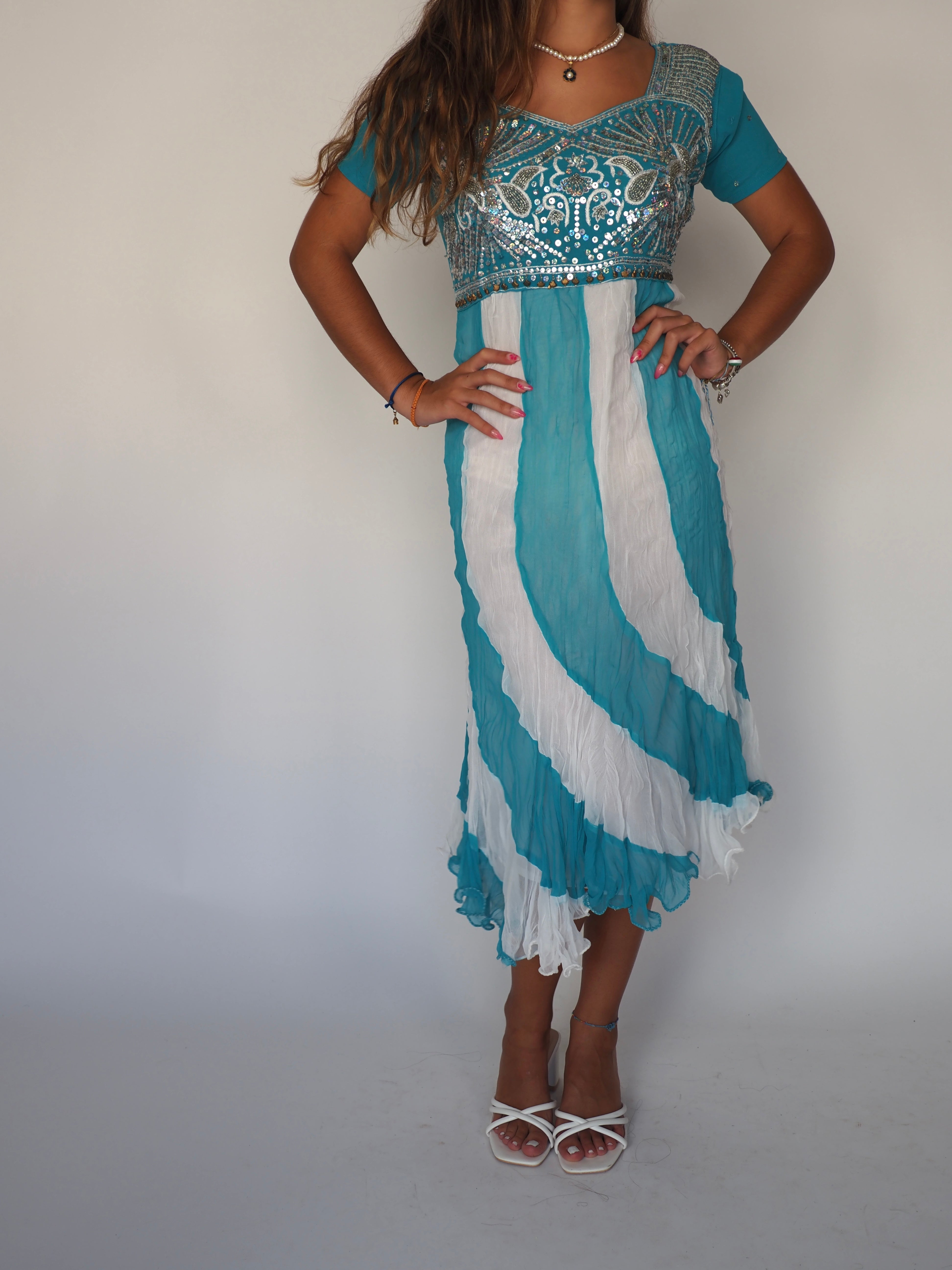 Vintage Aqua Mirror-Embroidered Boho Midi Dress with Swirl Skirt