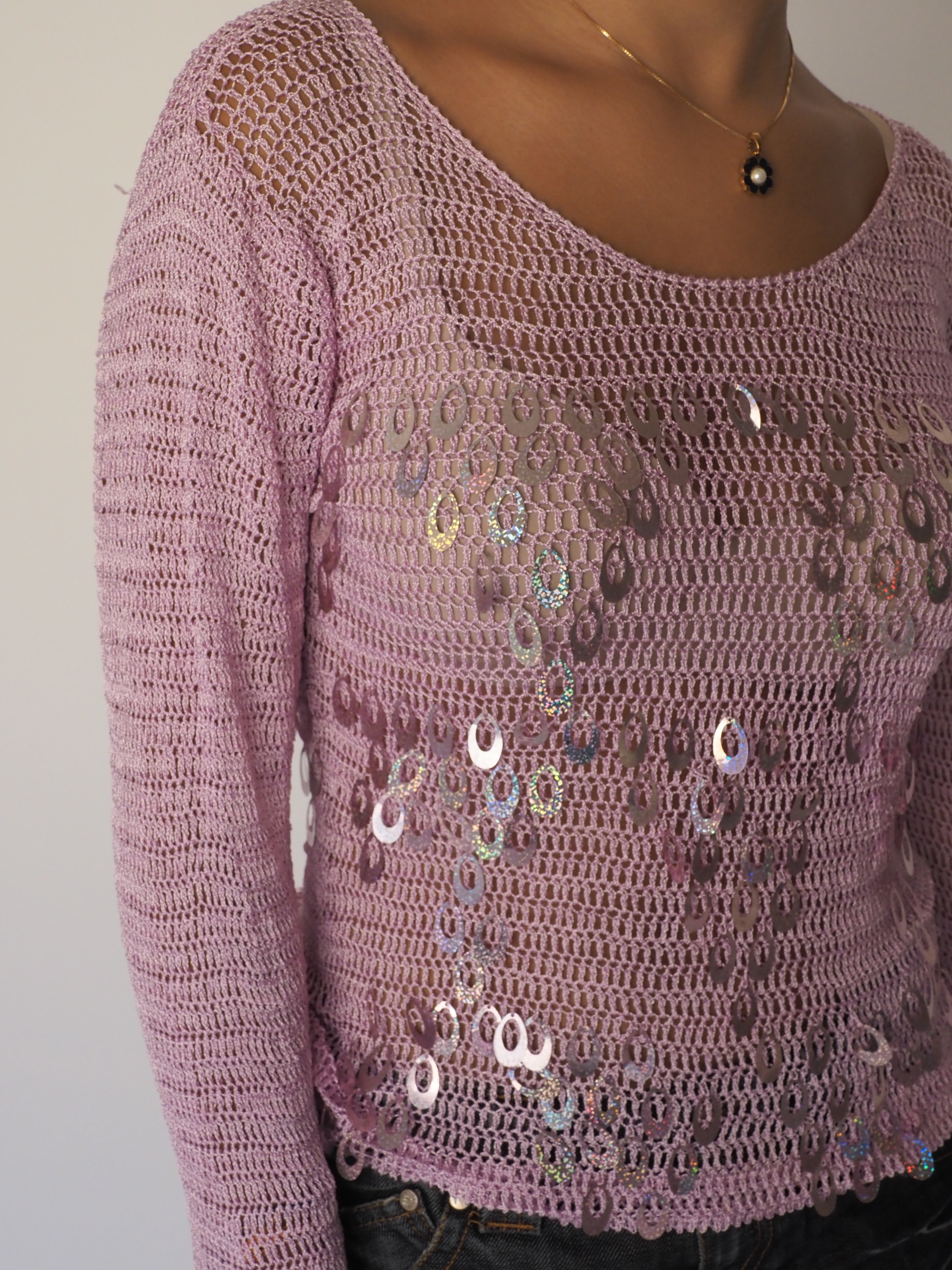 Lilac Crochet Mesh Long Sleeve Top with Iridescent Sequin Detailing