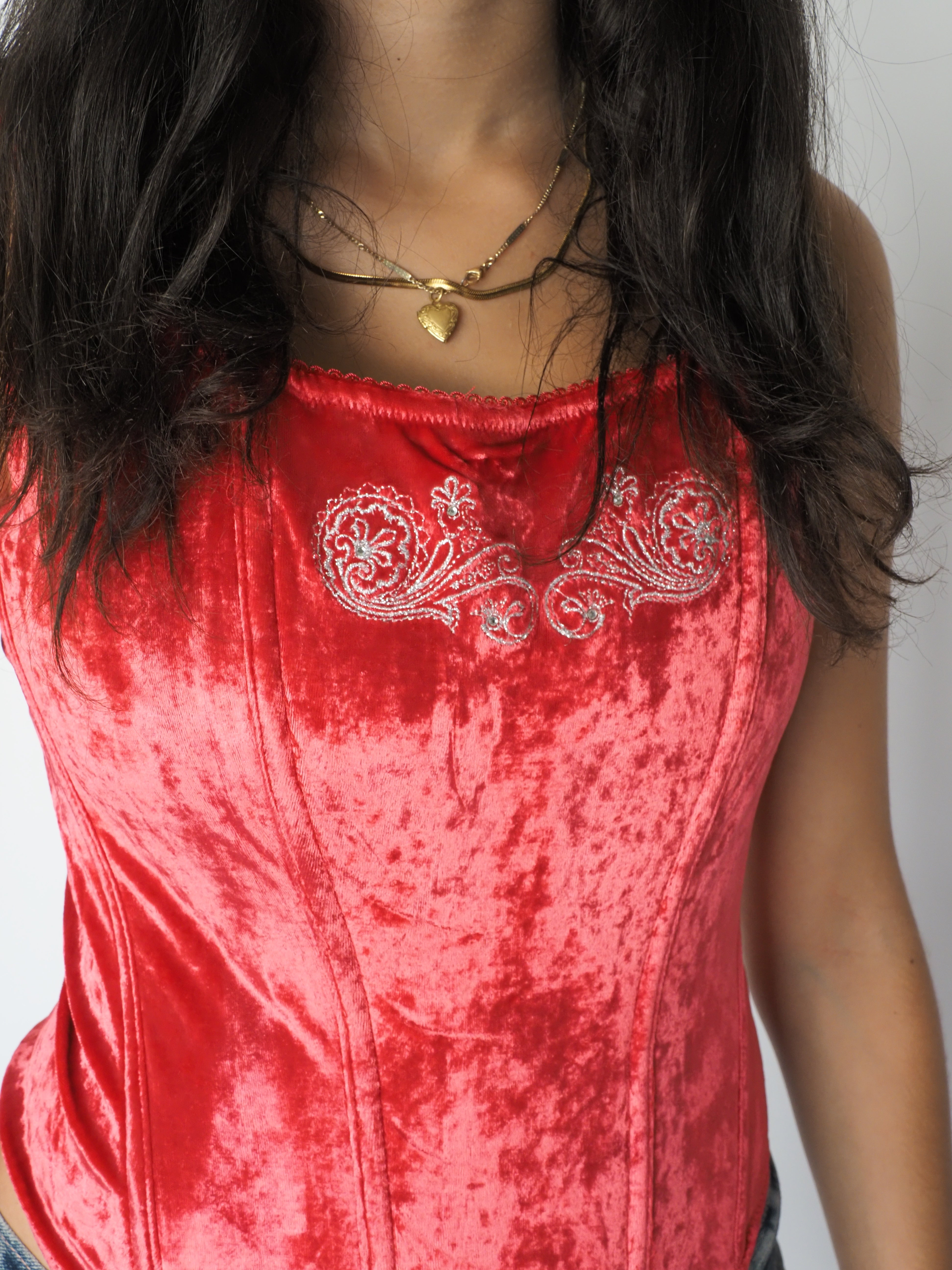 Y2K Red Crushed Velvet Corset Top with Embroidery – H&M