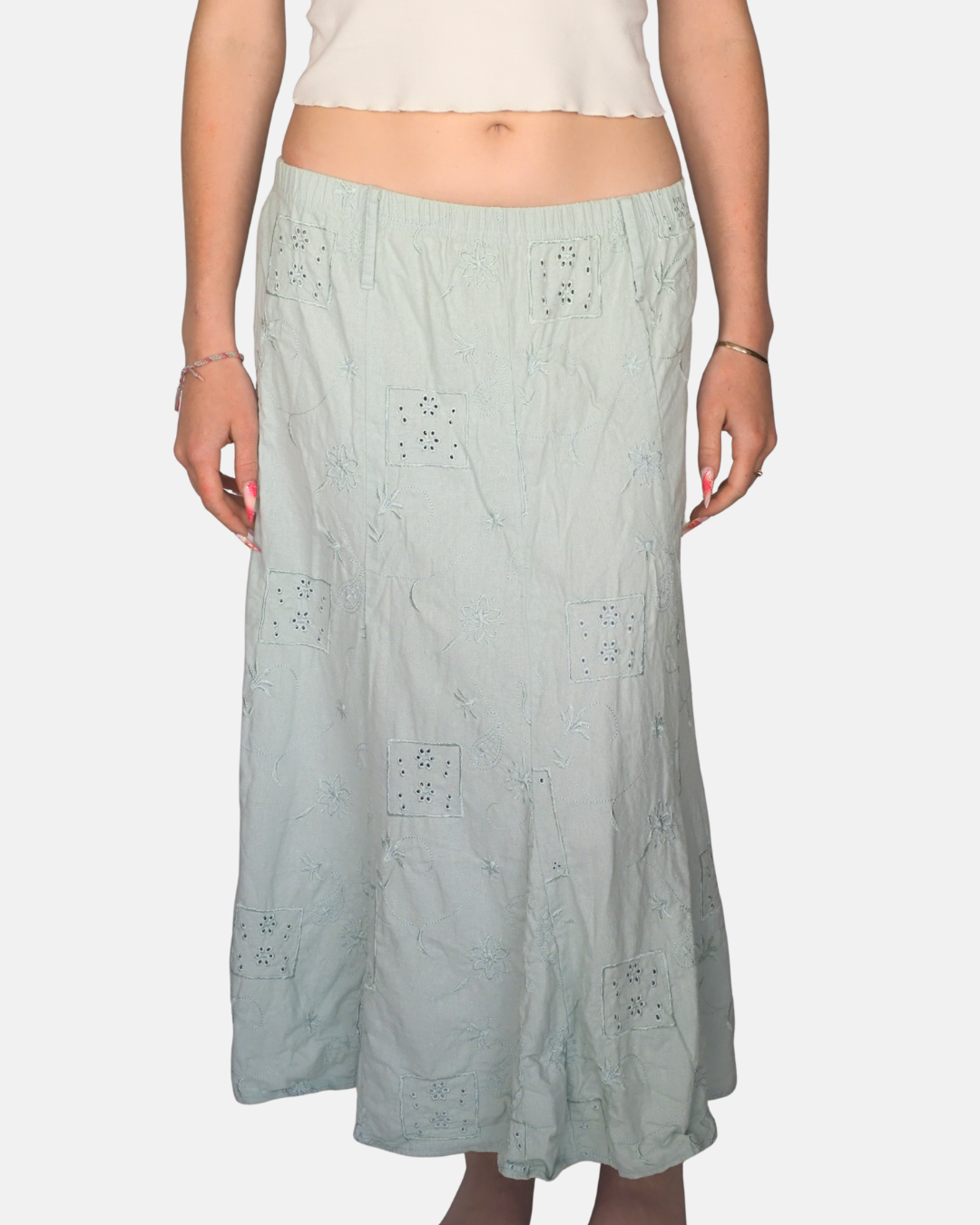 Sage Green Embroidered Boho Maxi Skirt
