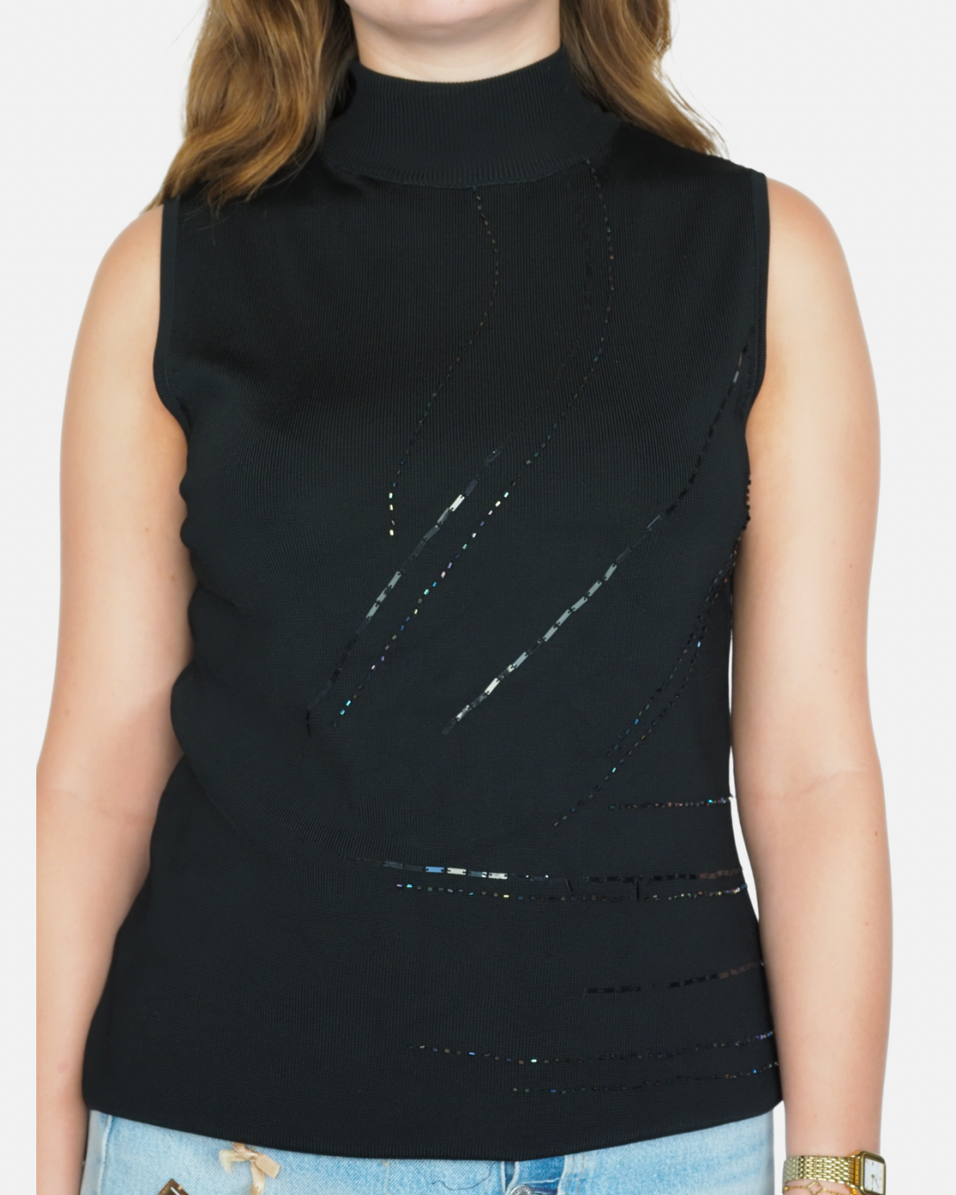 Black Sleeveless Cut-Out Knit Top by Sky Designs