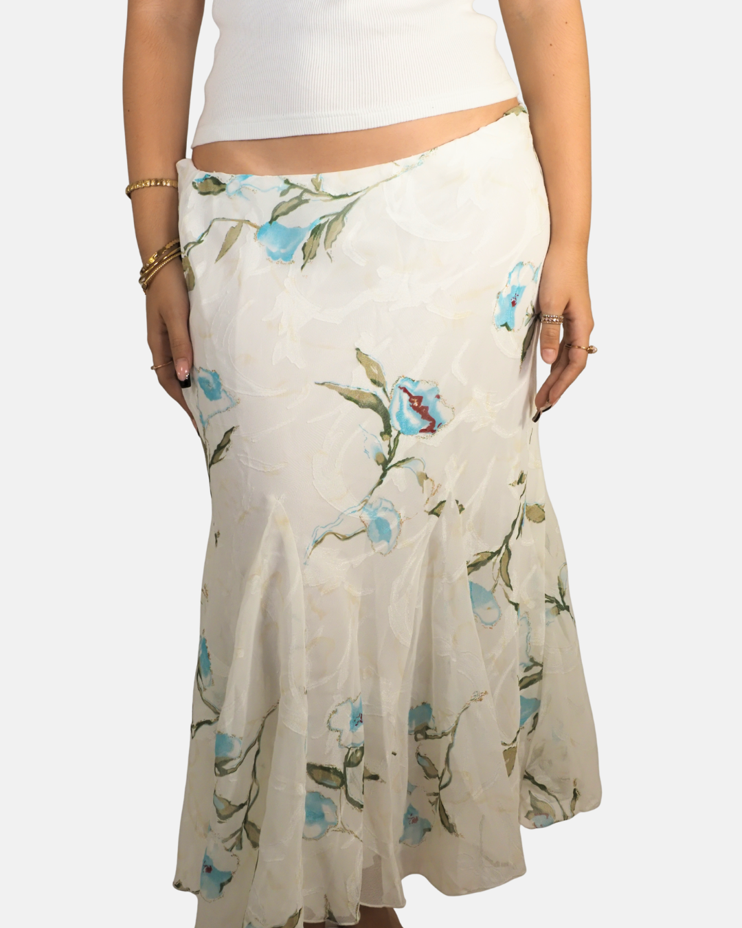 Creamy White & Blue Floral Mermaid Maxi Skirt