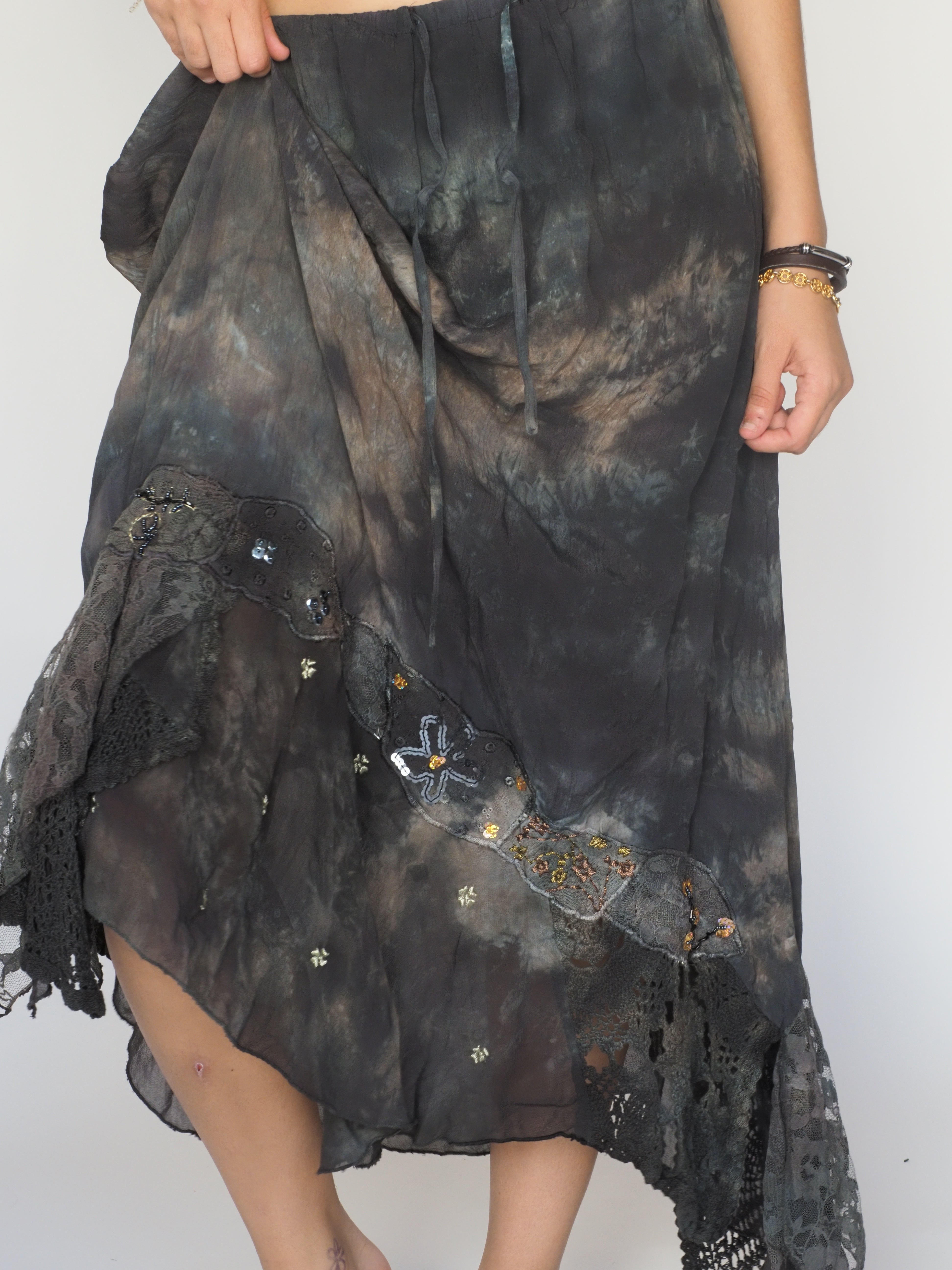 Boho Tie-Dye Mesh Maxi Skirt with Lace & Beading – Positano