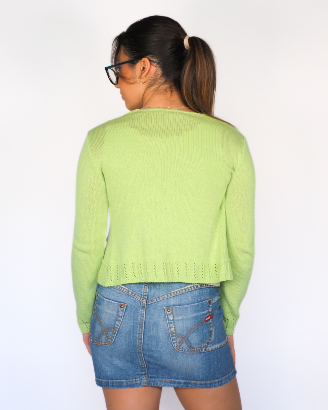 Kylie Lime Green Cropped Cardigan with Ruffle Trim & Yellow Buttonse