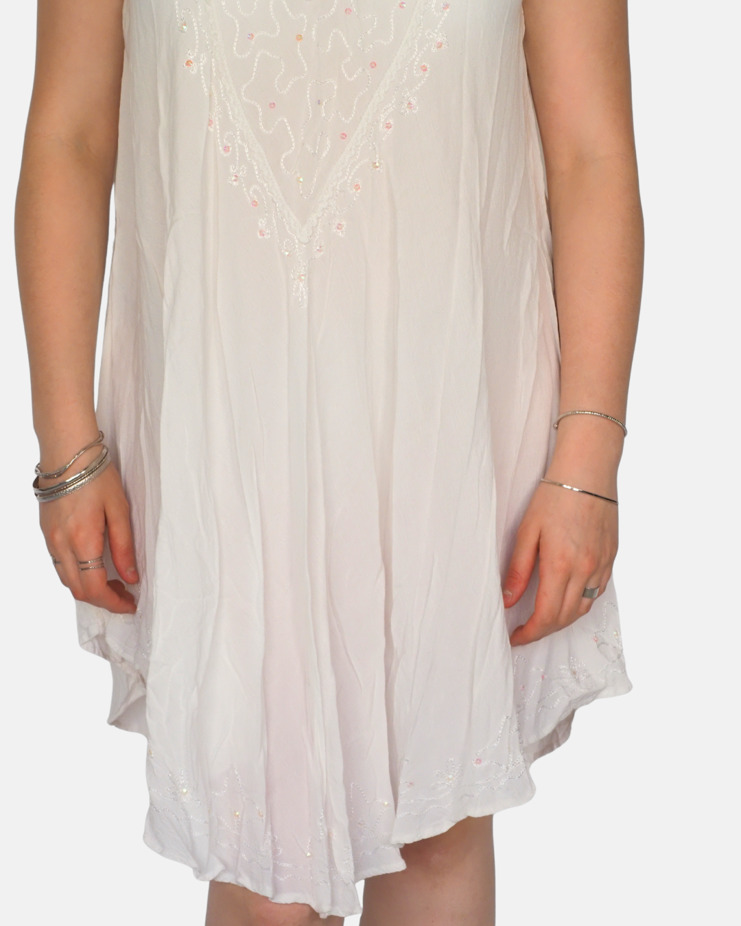 Vintage White Embroidered Sheer Flow Mini Dress