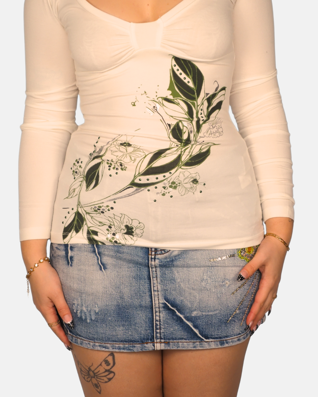 Y2K Bershka Floral Mesh Long Sleeve Top in Cream