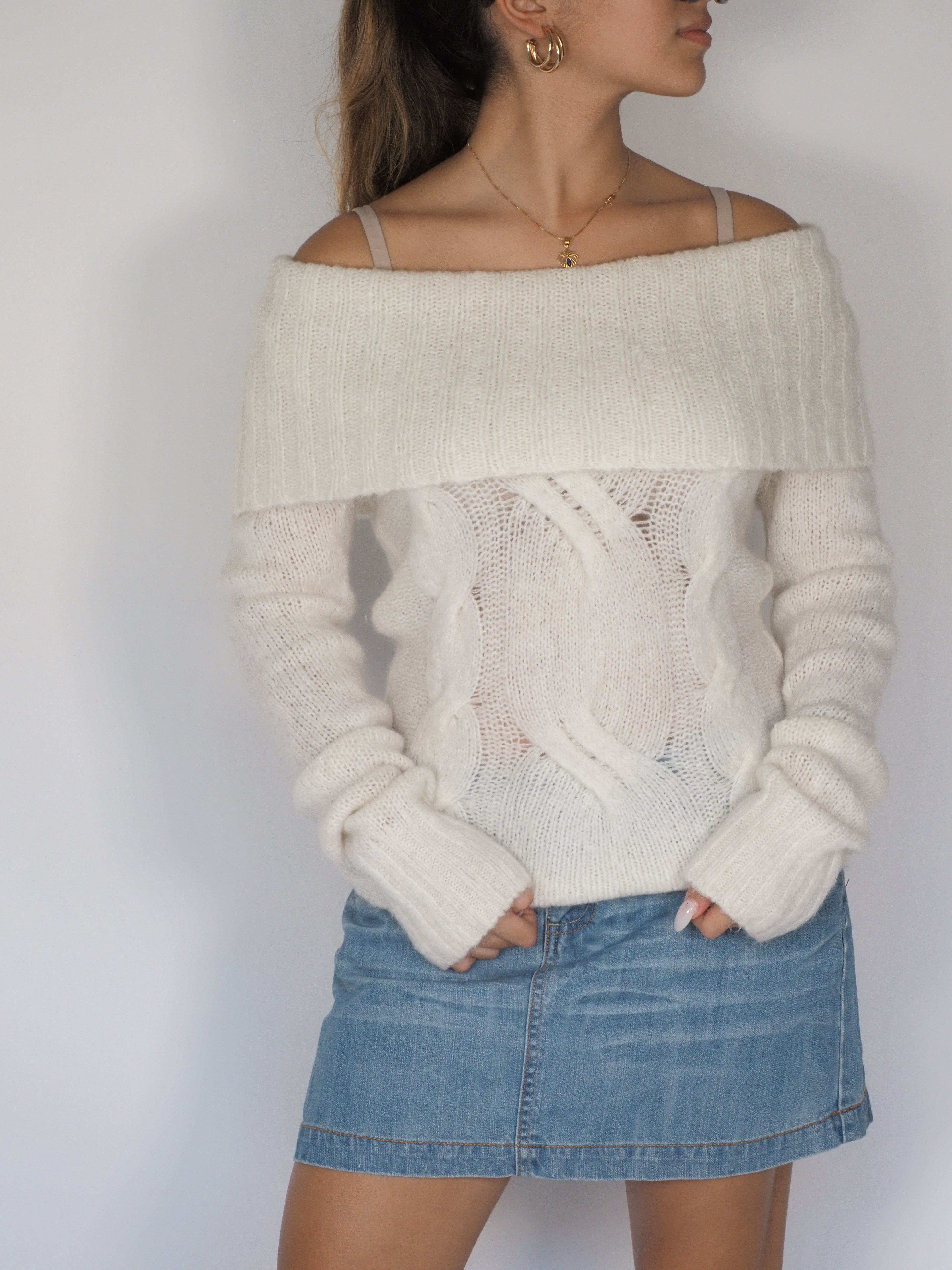 Off-Shoulder Cable Knit Sweater – Sandro Ferrone