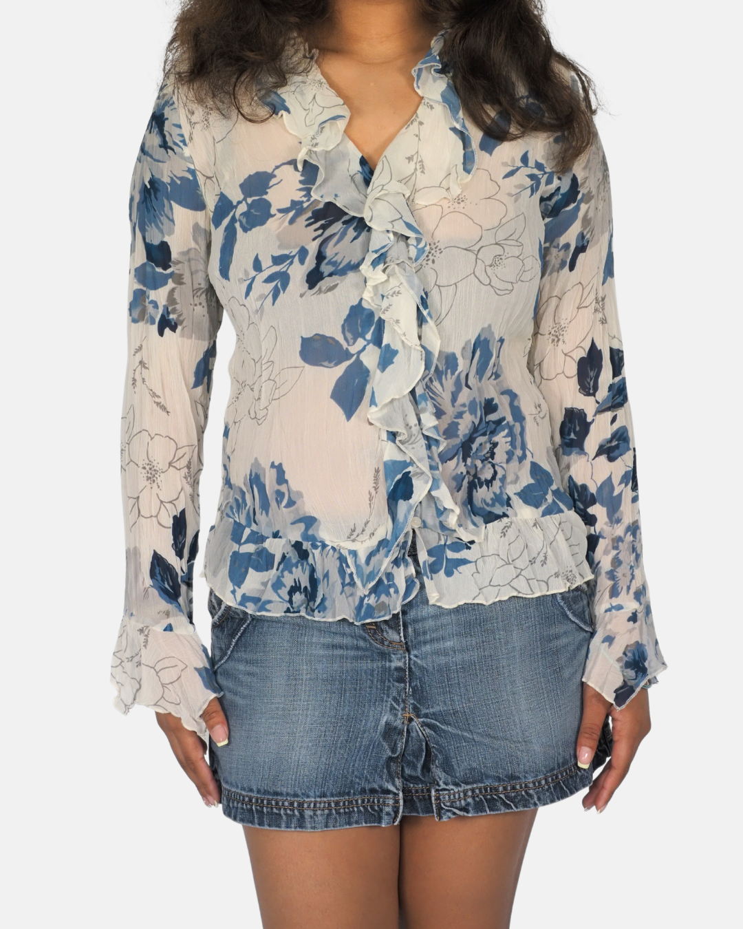 Epilogue  Blue Floral Sheer Ruffle Blouse
