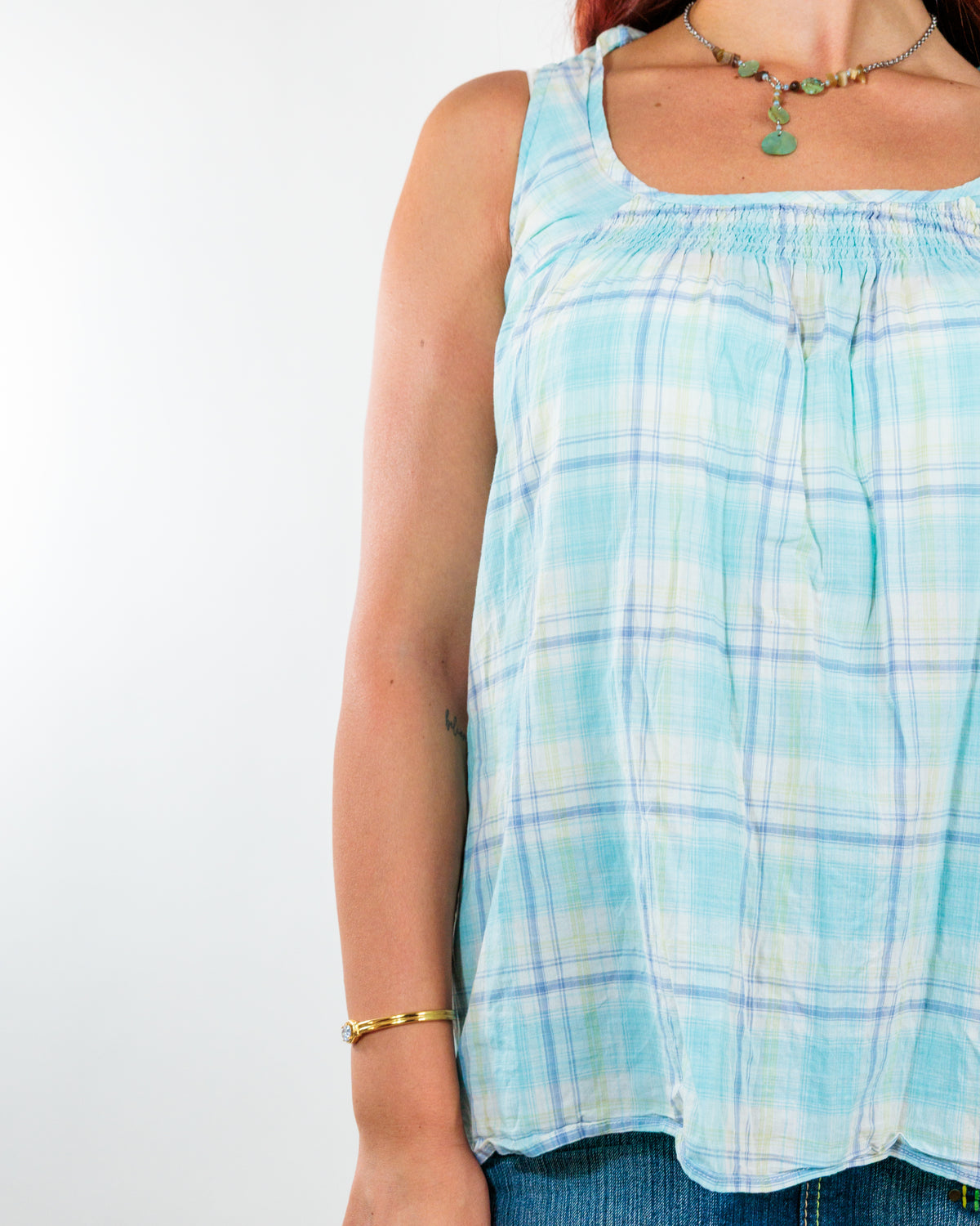 Number One Blue Plaid Y2K Babydoll Top