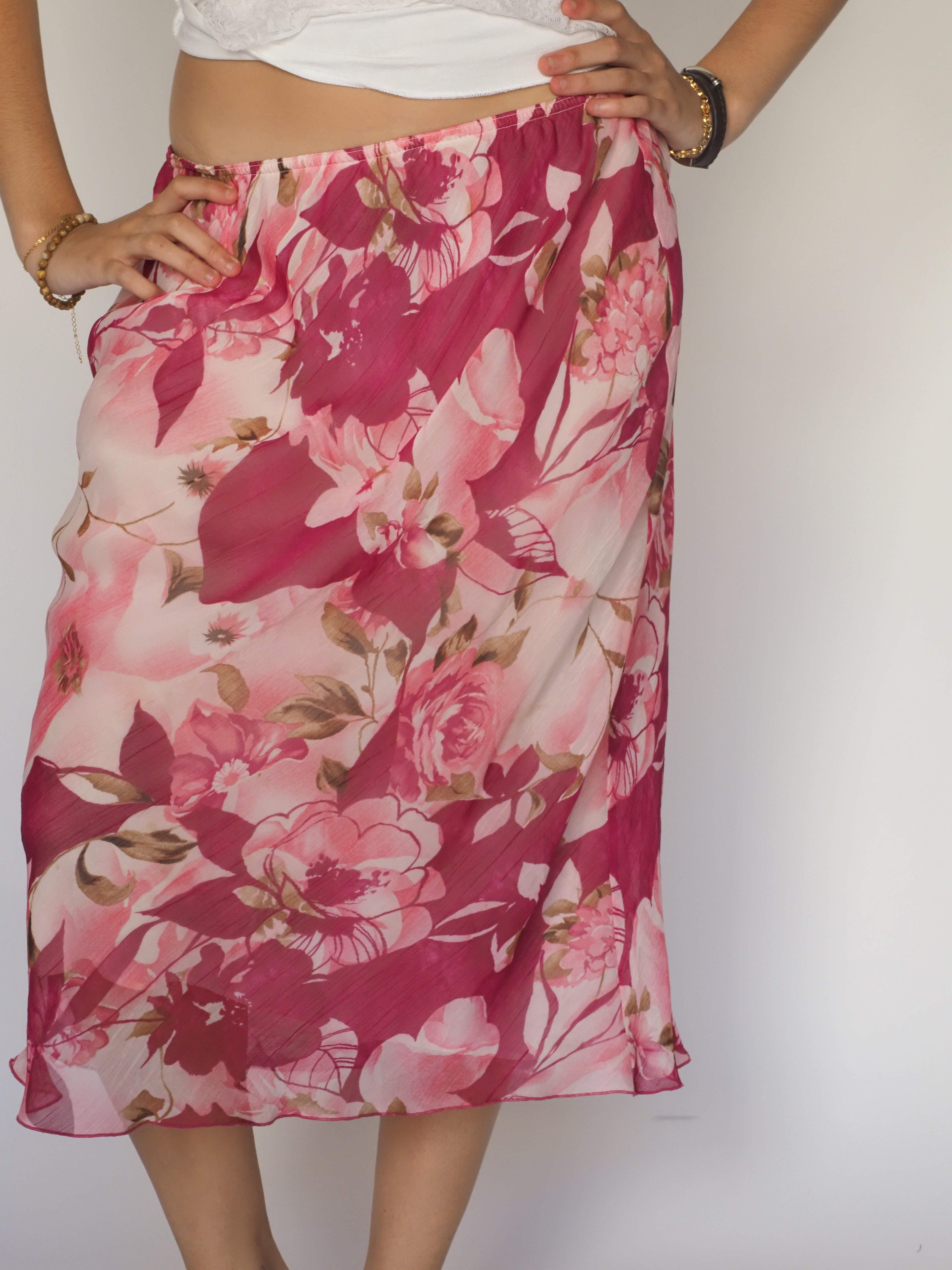 Pink & White Floral Chiffon Midi Skirt – Roman Originals