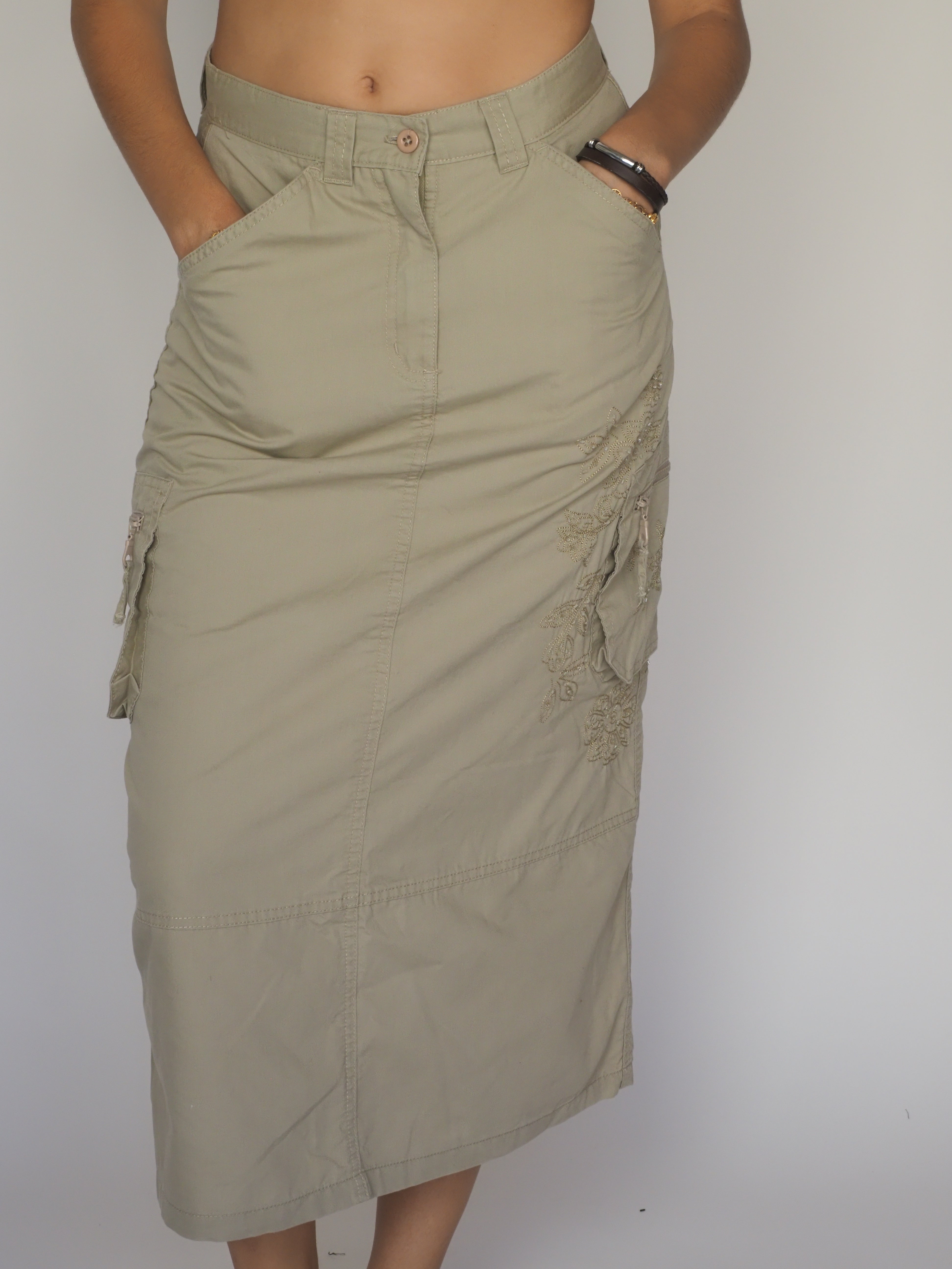 Khaki Cargo Maxi Skirt with Floral Embroidery – Here and There