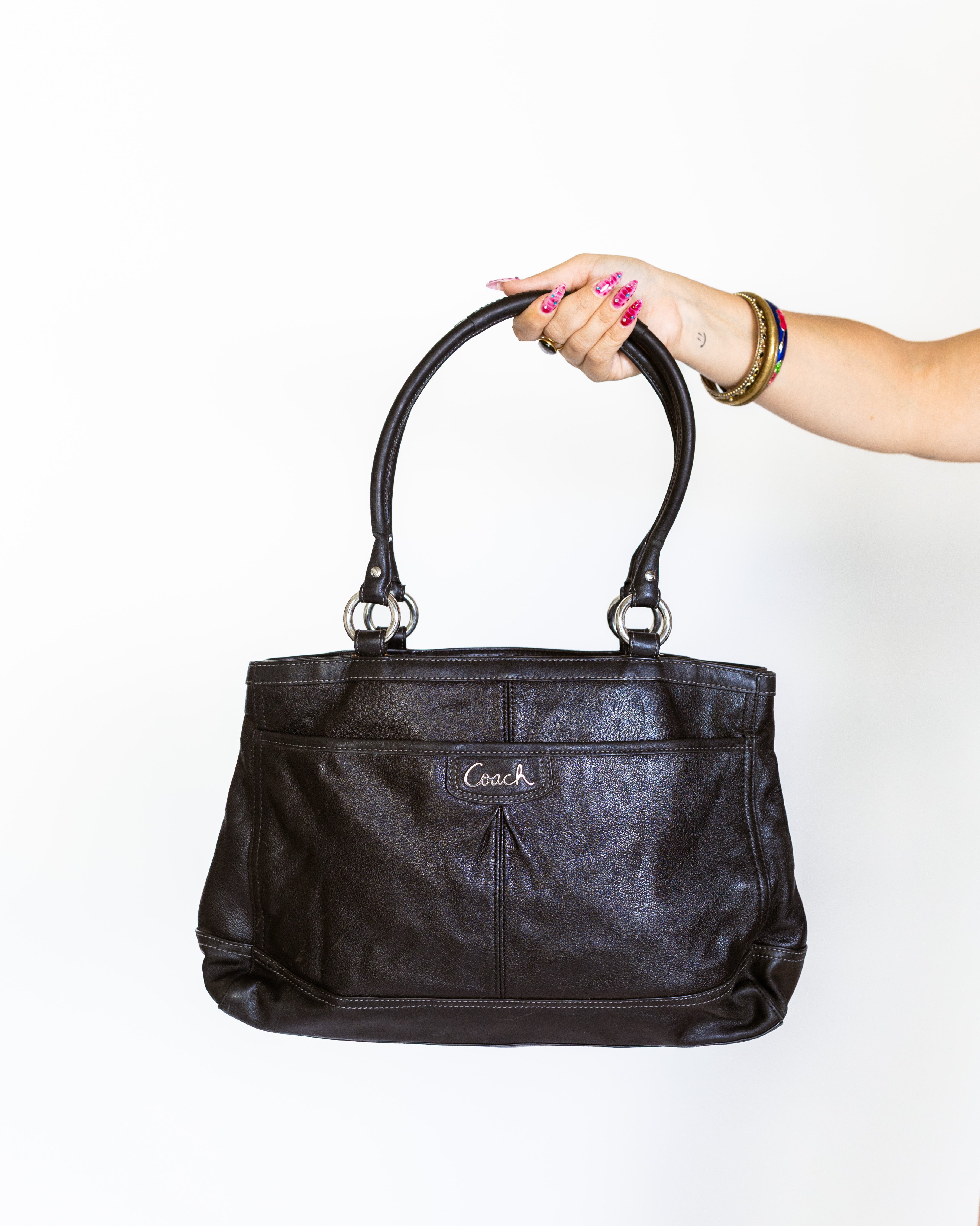 Coach Black Leather Slouch Tote with Contrast Stitchin