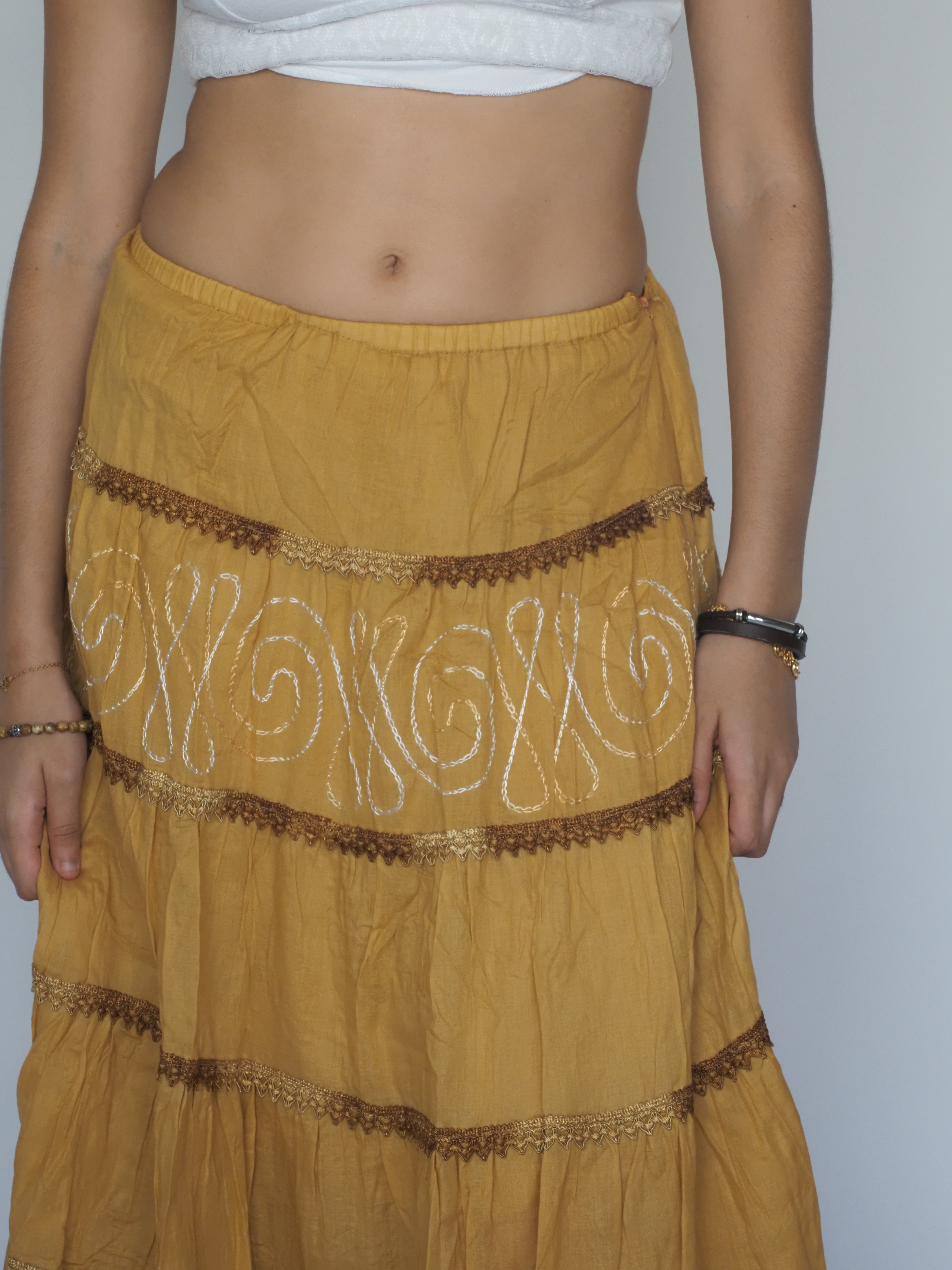 Mustard Boho Tiered Maxi Skirt with Embroidery – Universal