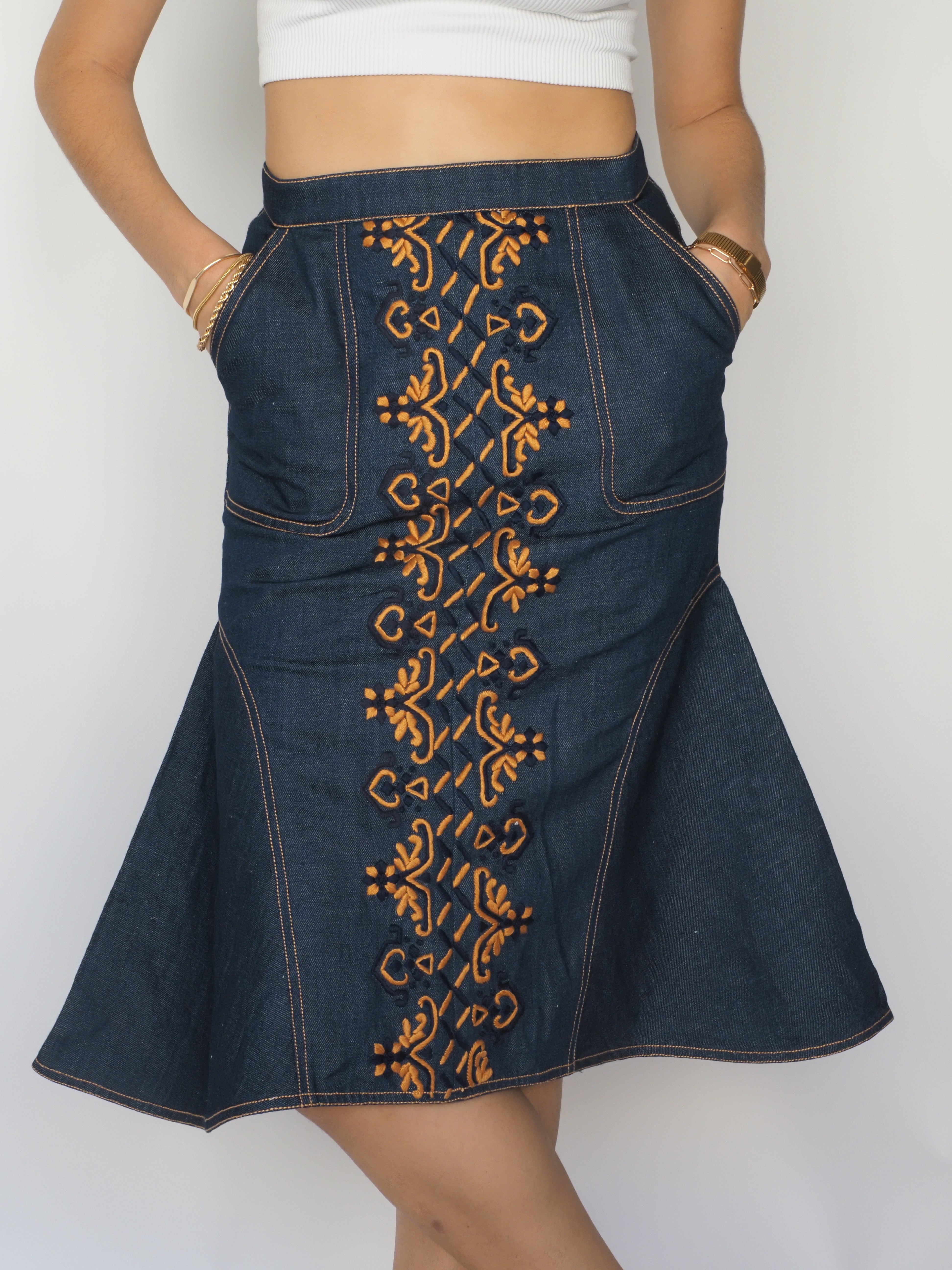 Title: Embroidered Denim Flare Midi Skirt – ATSU