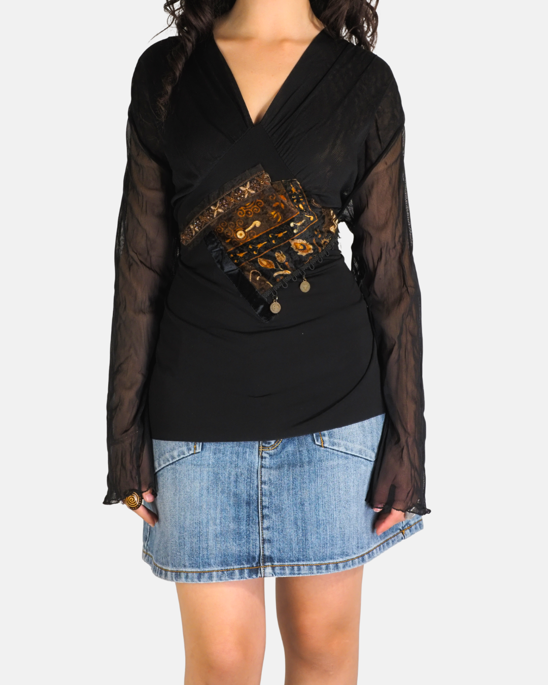 Black Sheer Embroidered Coin Detail Top