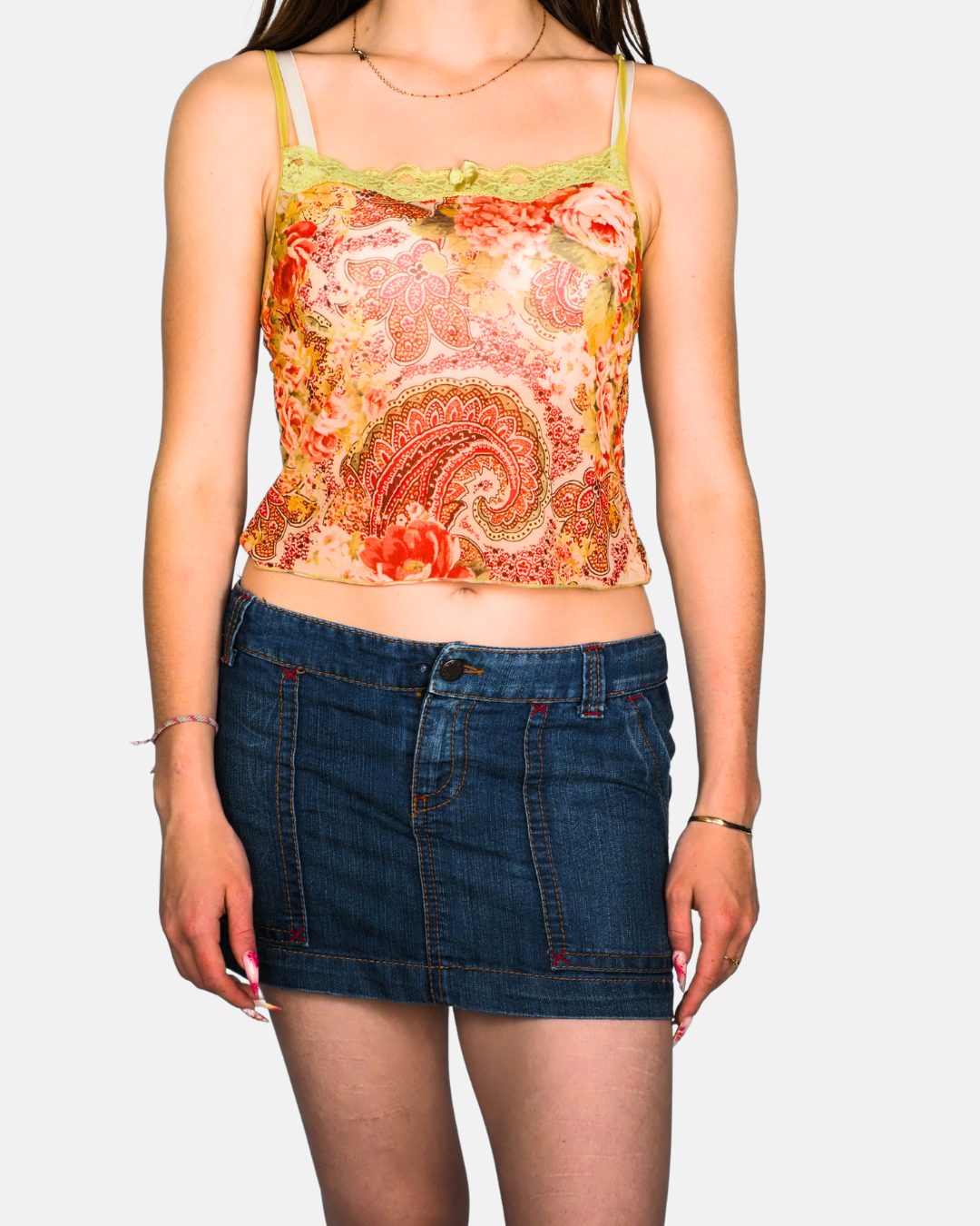 Y2K Paisley Floral Lace Trim Cami Top