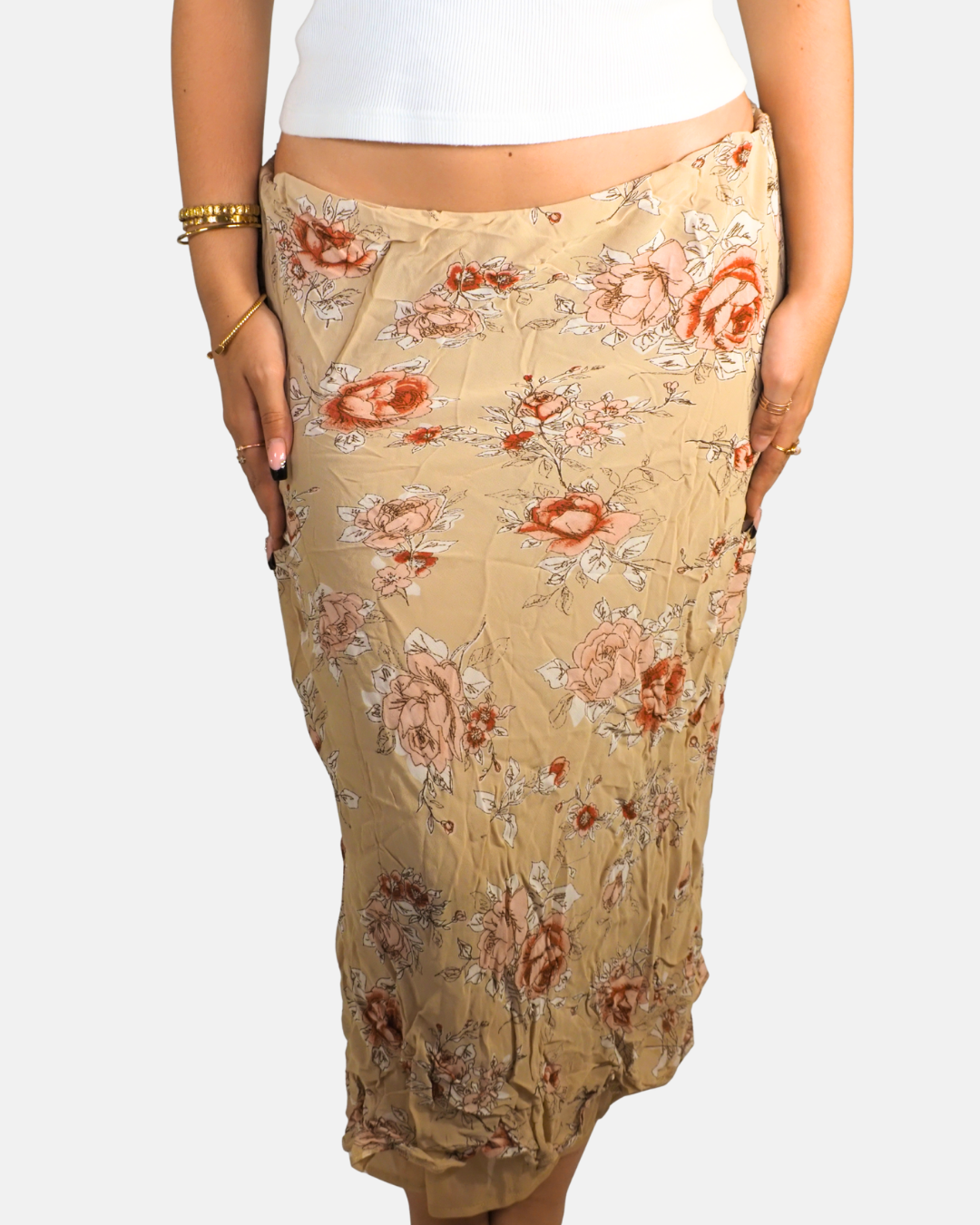 Beige Floral Print Midi Skirt - Plus Collection