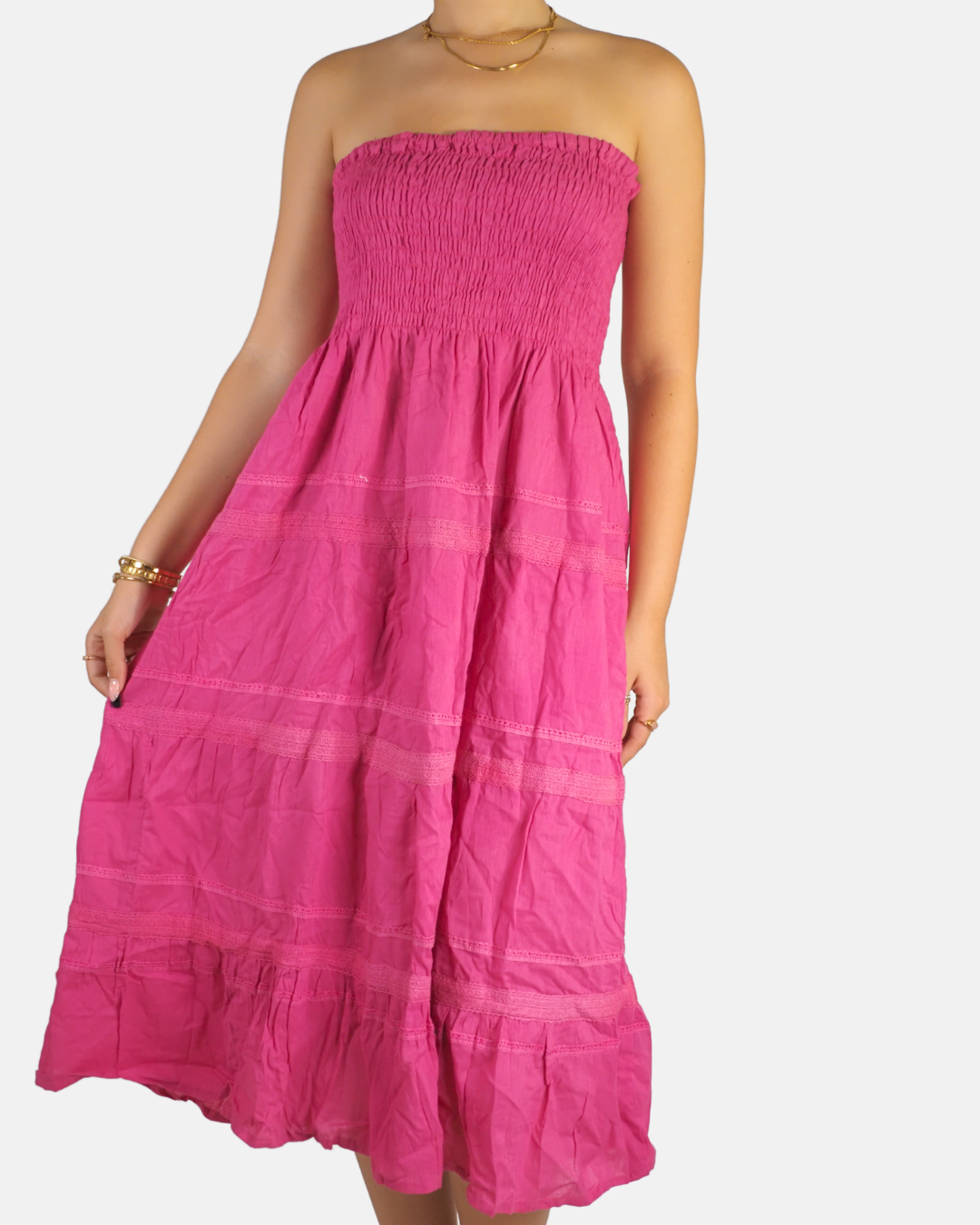 Hot Pink Shirred Strapless Maxi Dress - Pink City