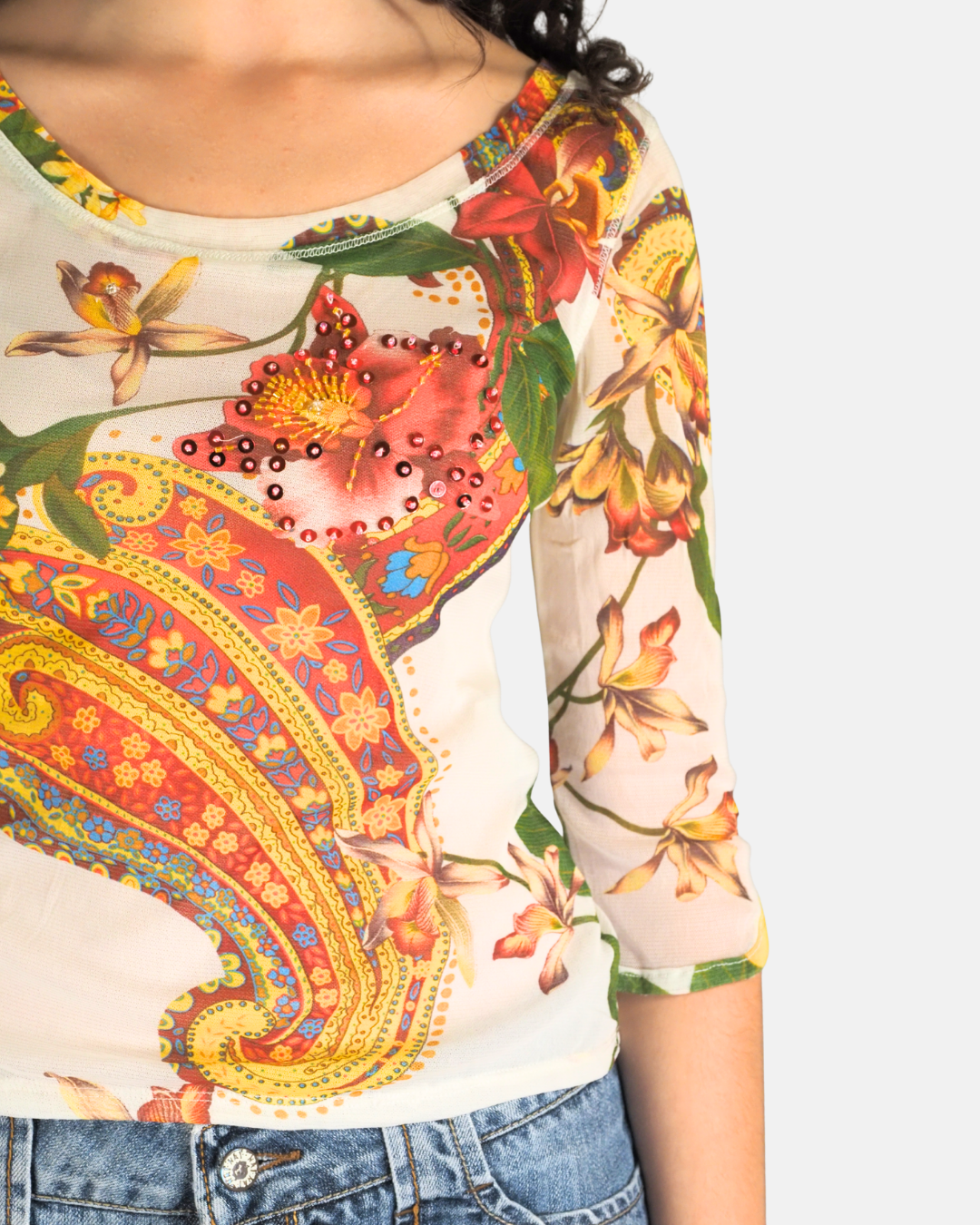White Paisley Floral Mesh Top - Camomilla