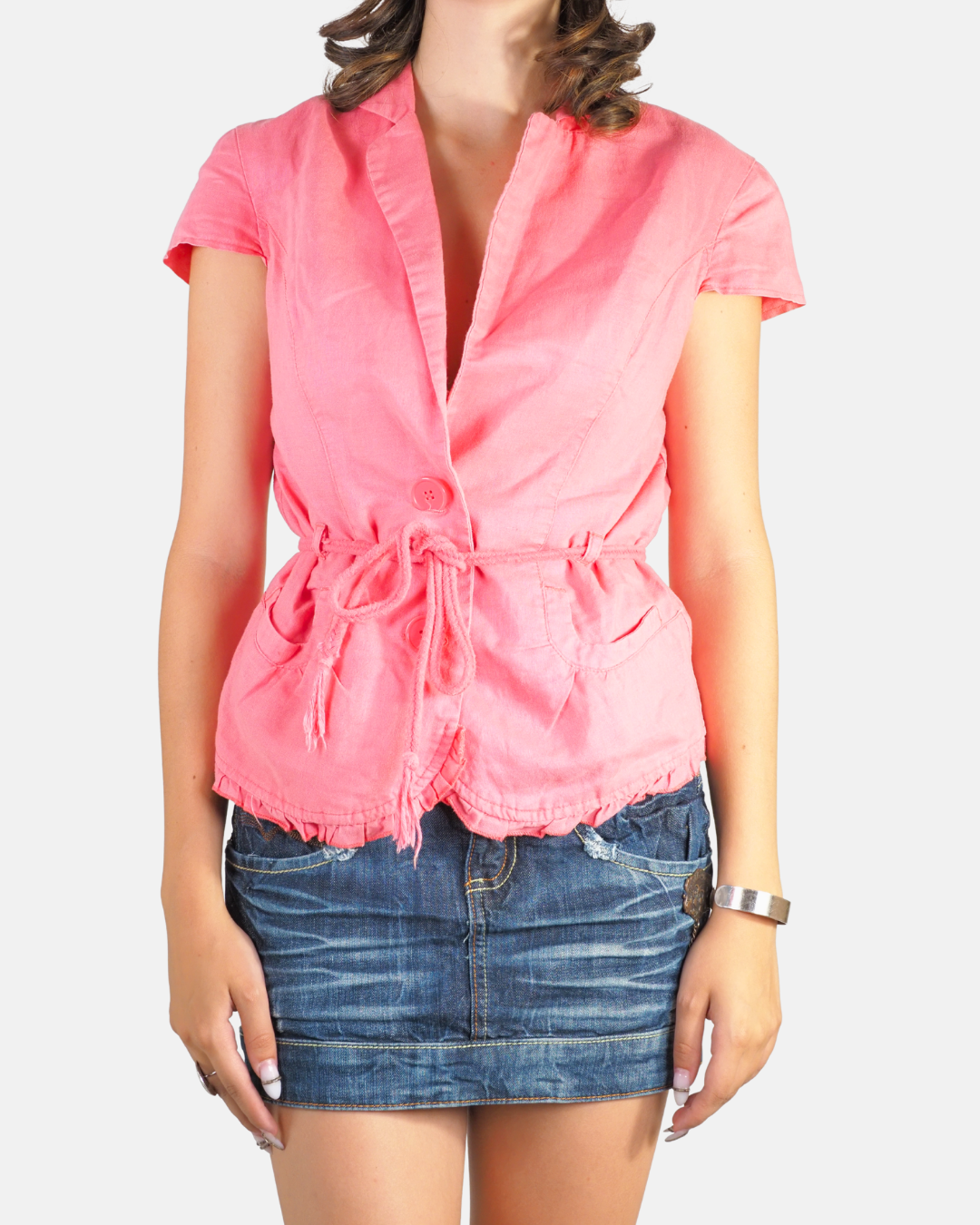 Coral Pink Belted Short Sleeve Blazer - Calliope
