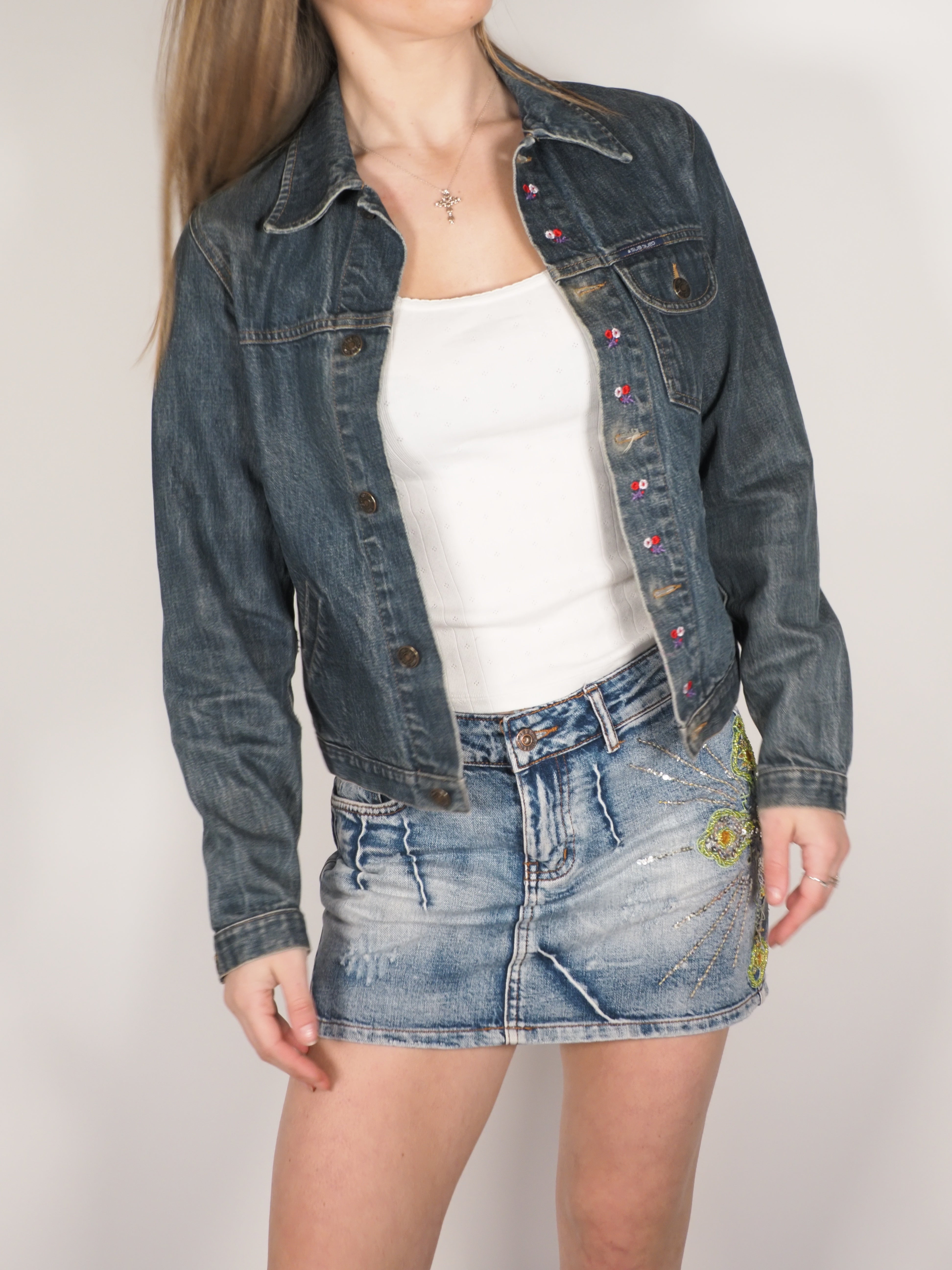 Y2K Subdued Cropped Denim Jacket with Floral Button Details