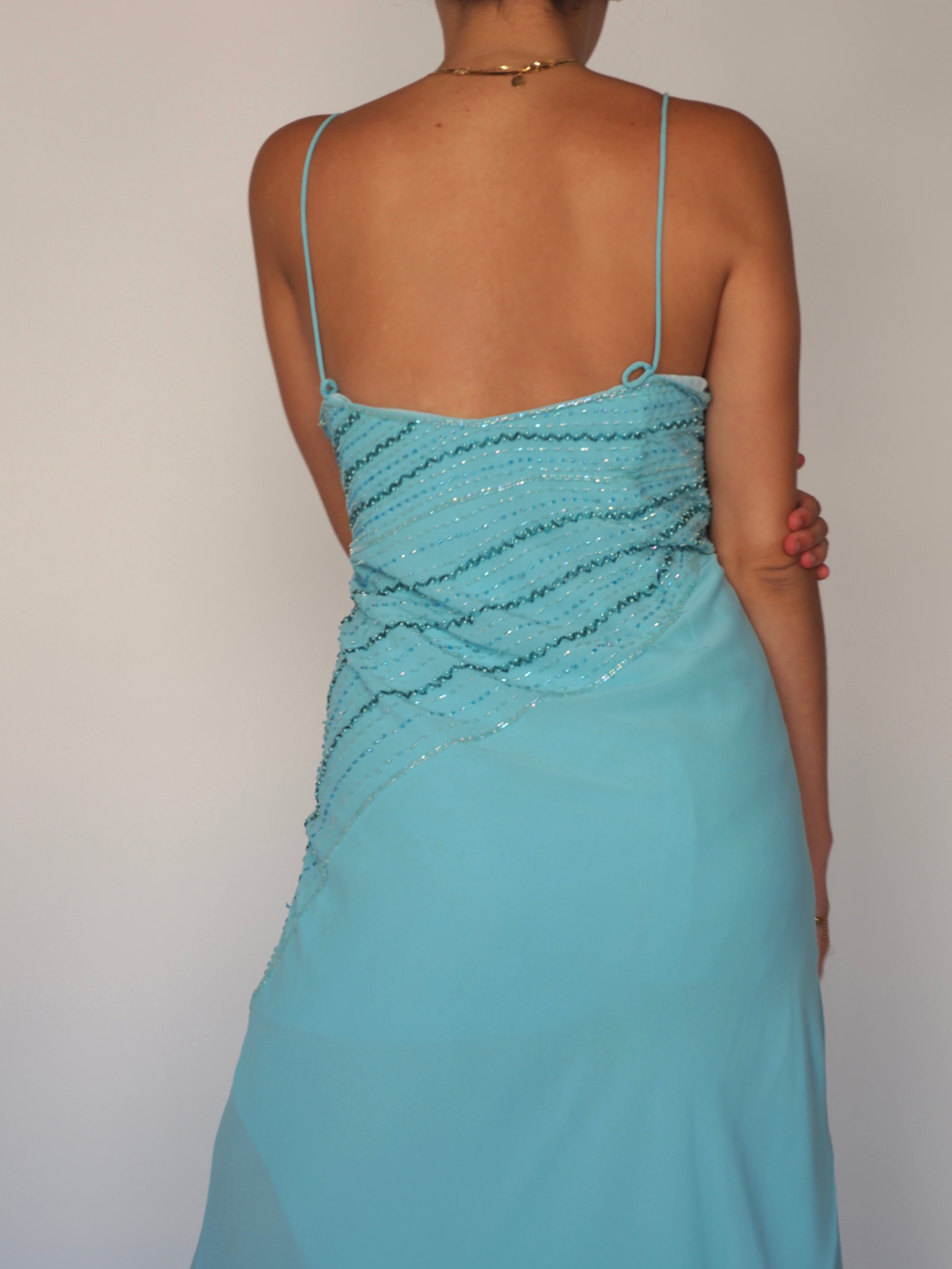 Aqua Blue Beaded Evening Gown with Asymmetrical Detail