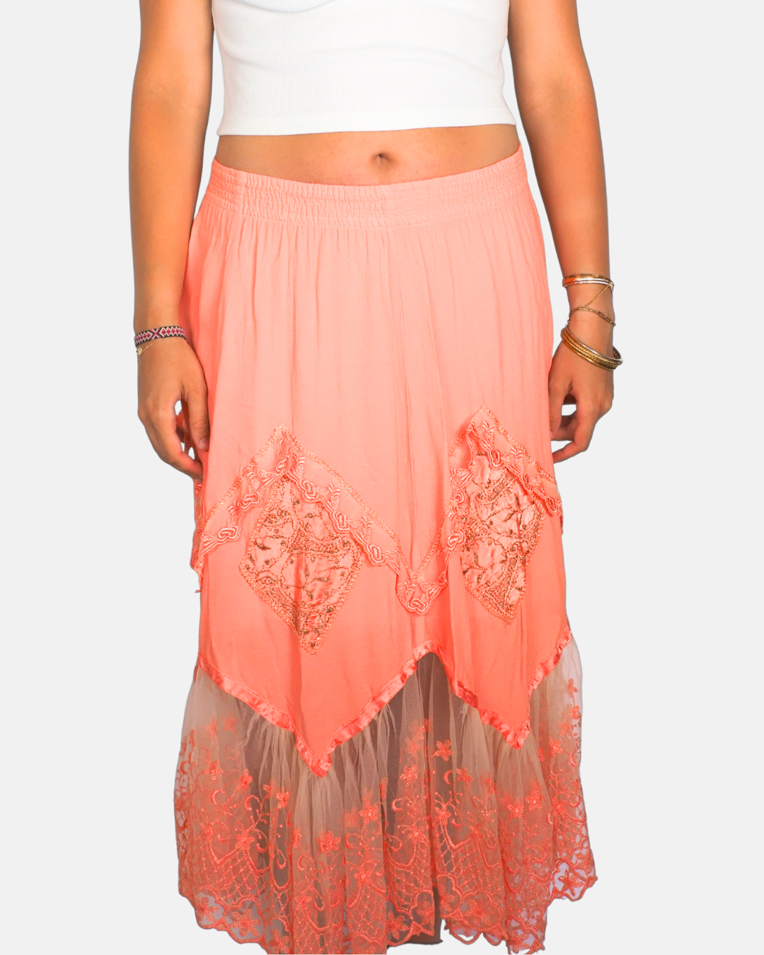 Coral Lace Hem Boho Midi Skirt by Ryon