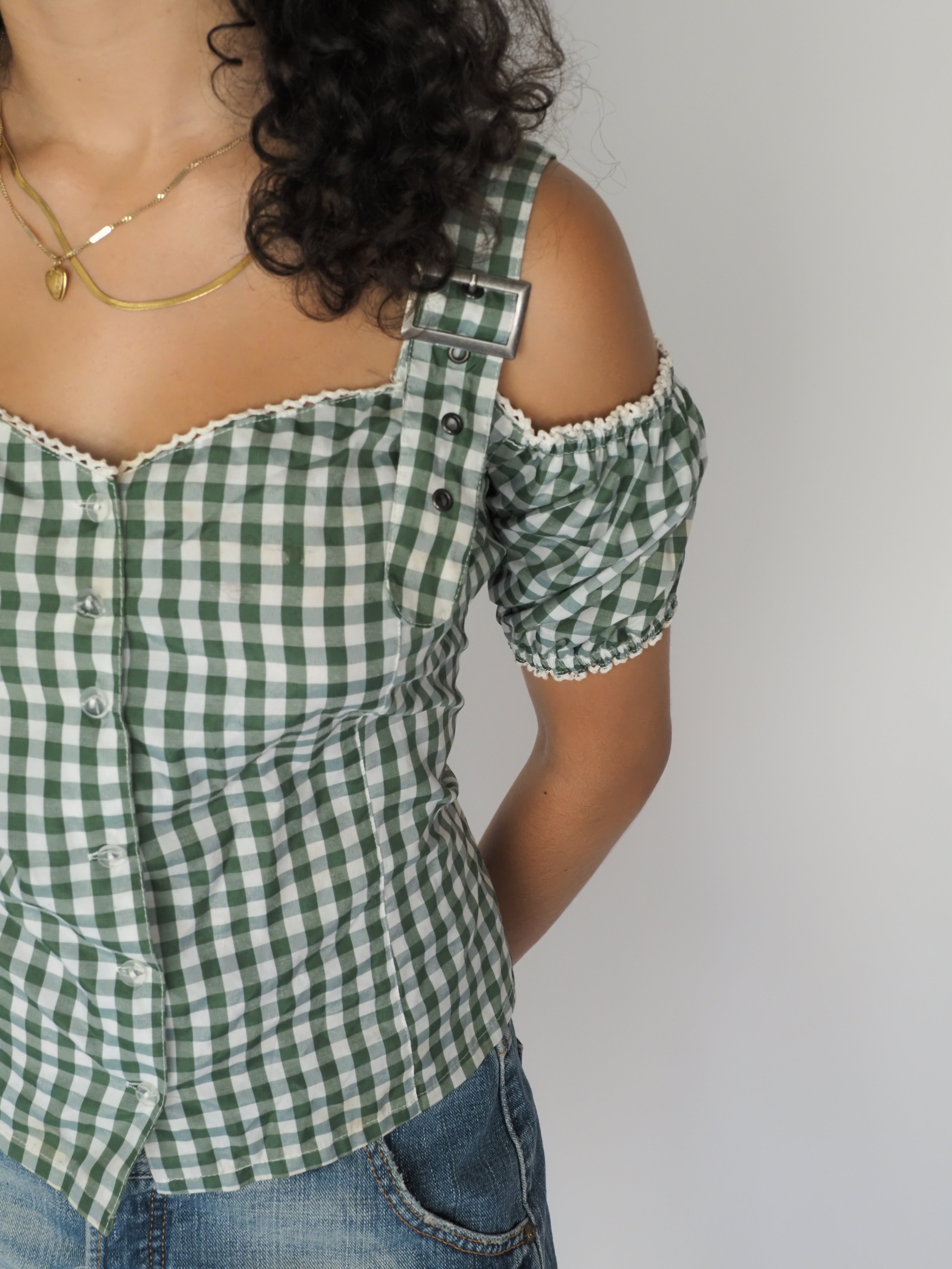 Janina Green Gingham Cotton-Blend Cold-Shoulder Top