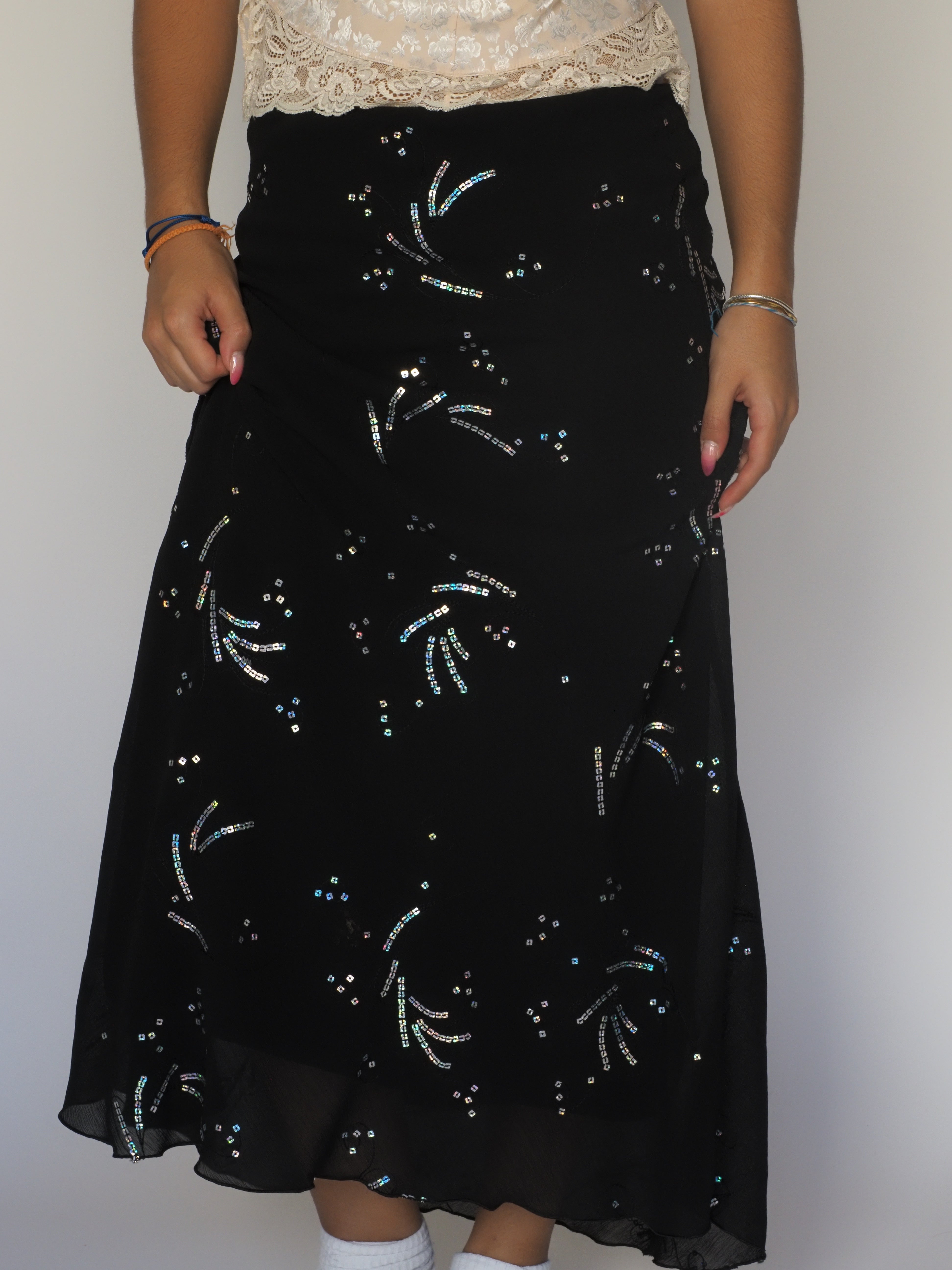 Black Sequin Firework Midi Skirt