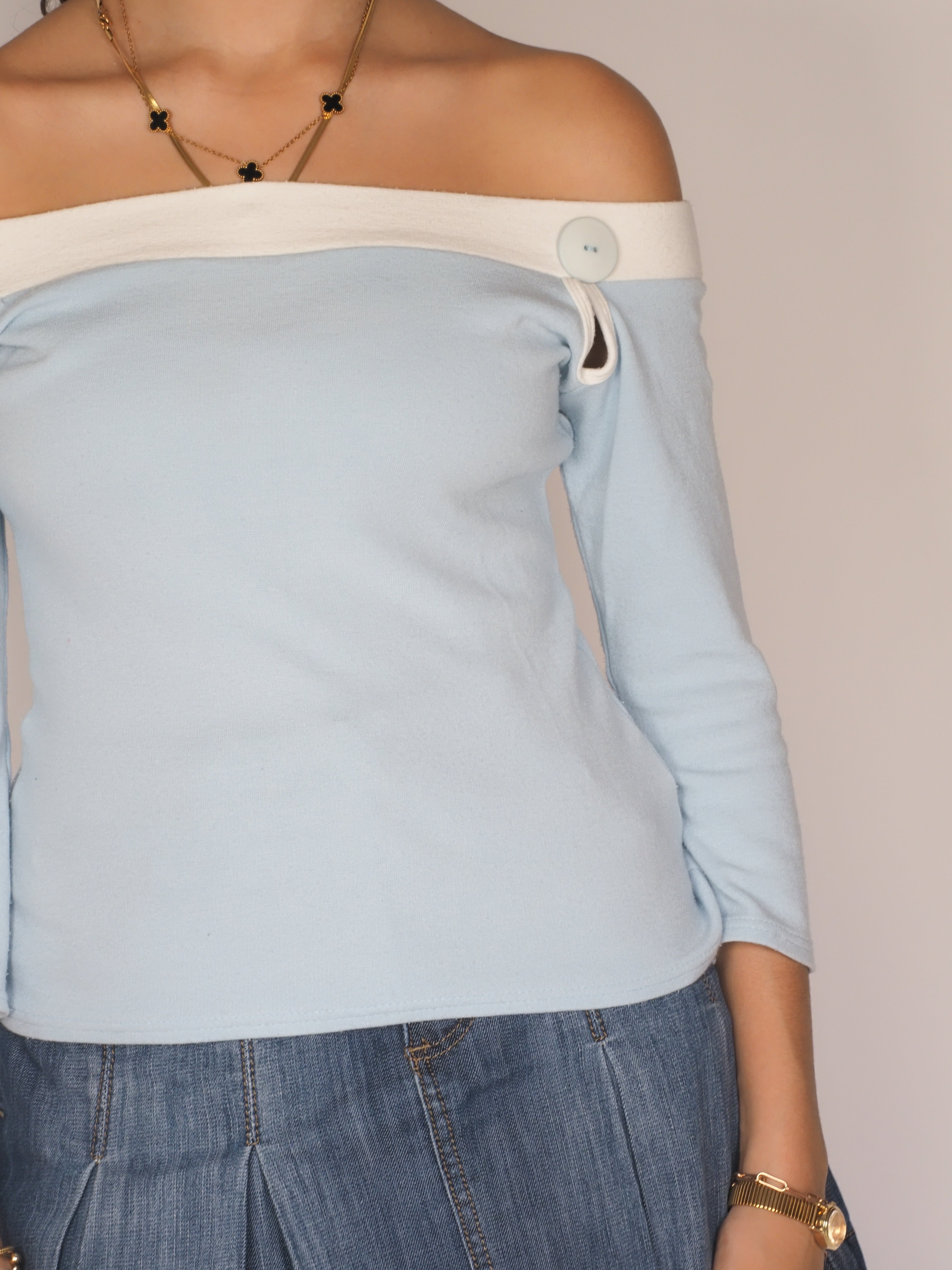 Baby Blue Off-Shoulder Knit Top with Button Detail – Atmosphere