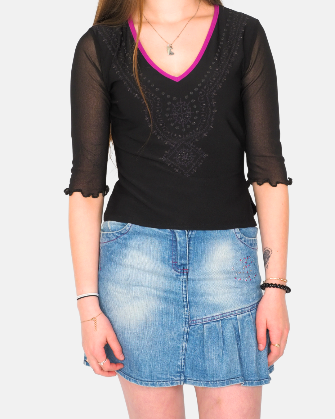 Progress Black Sheer Sleeve V-Neck Top with Pink Trim