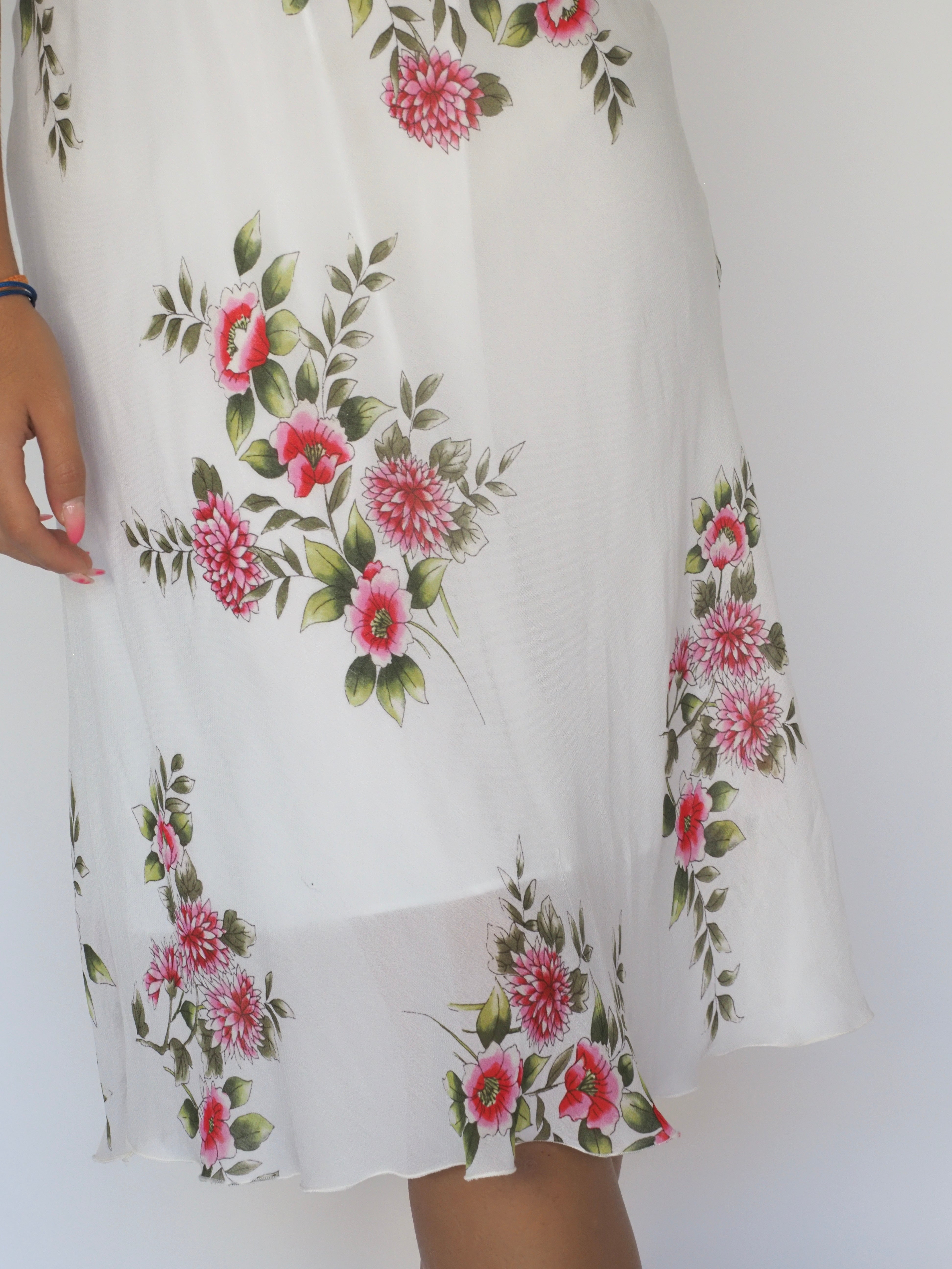 White Floral Chiffon Slip Dress with Pink Rose Print