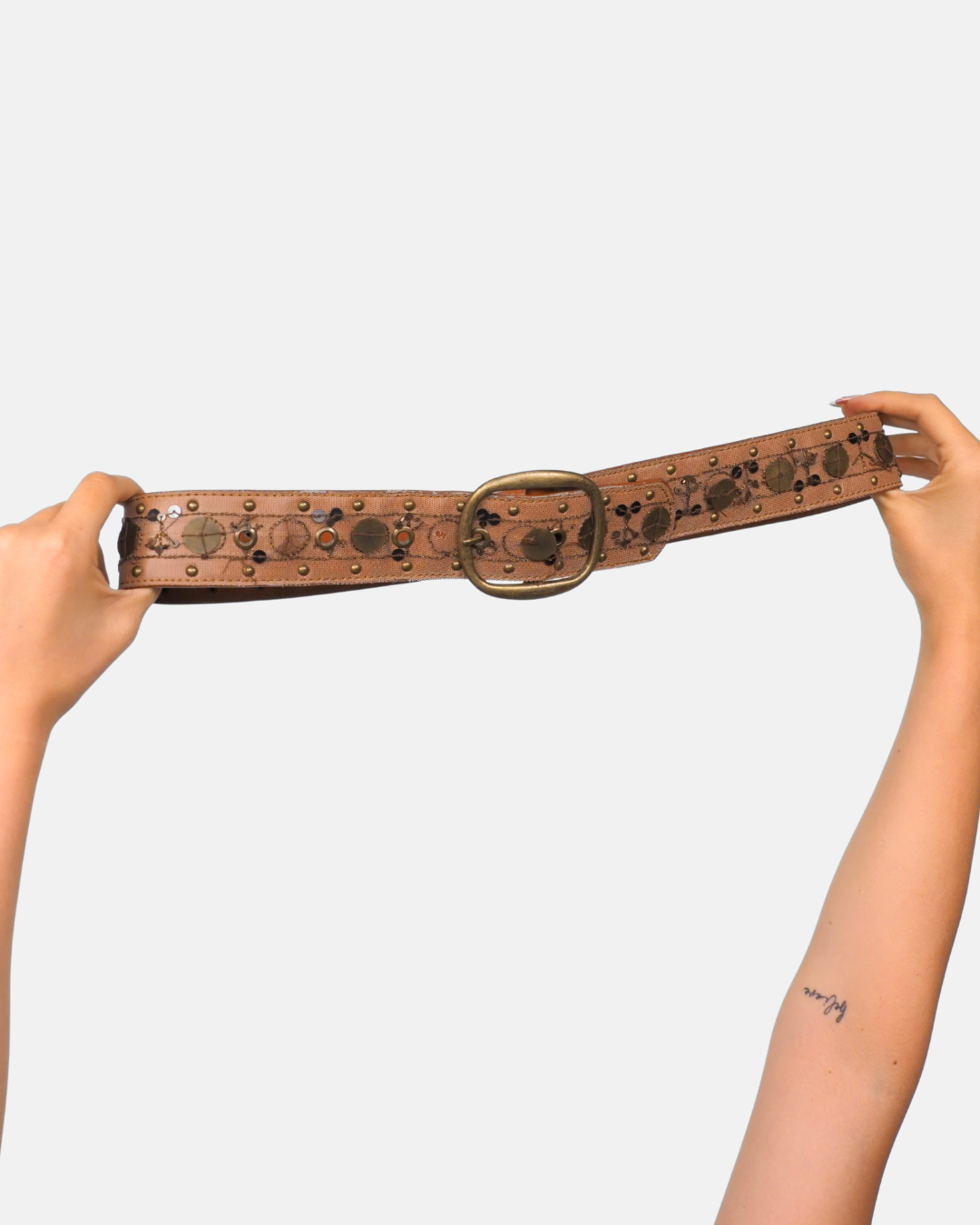 Tan Leather Mixed Stud Belt with Gold Buckle