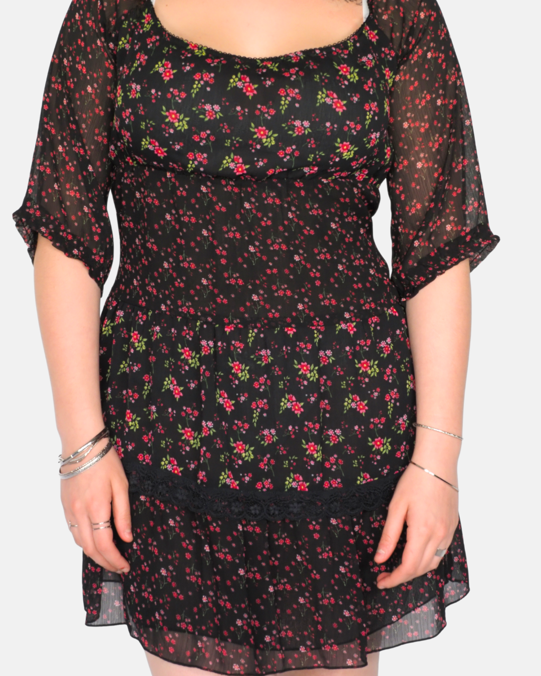 Vintage Black Sheer Floral Babydoll Mini Dress