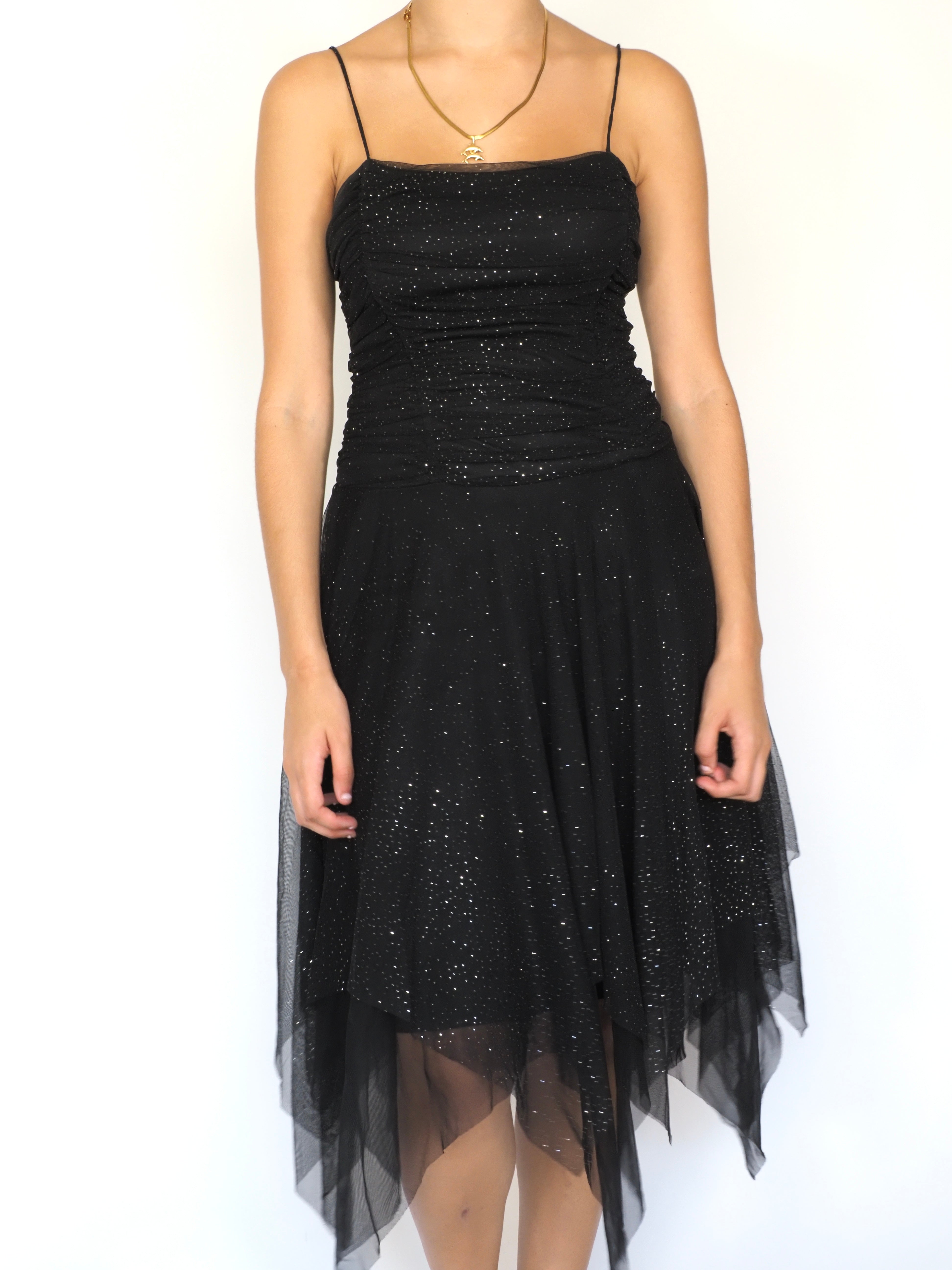 Ynes Black Glitter Mesh Handkerchief Dress