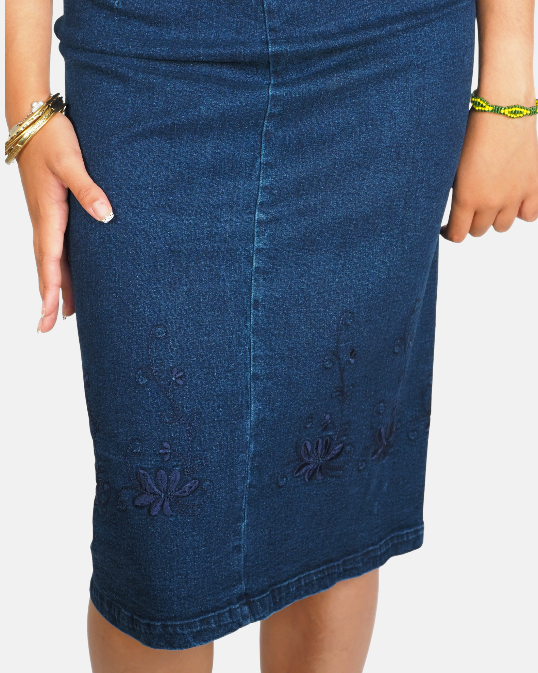 Dark Wash Embroidered Denim Midi Skirt by Stilonoir