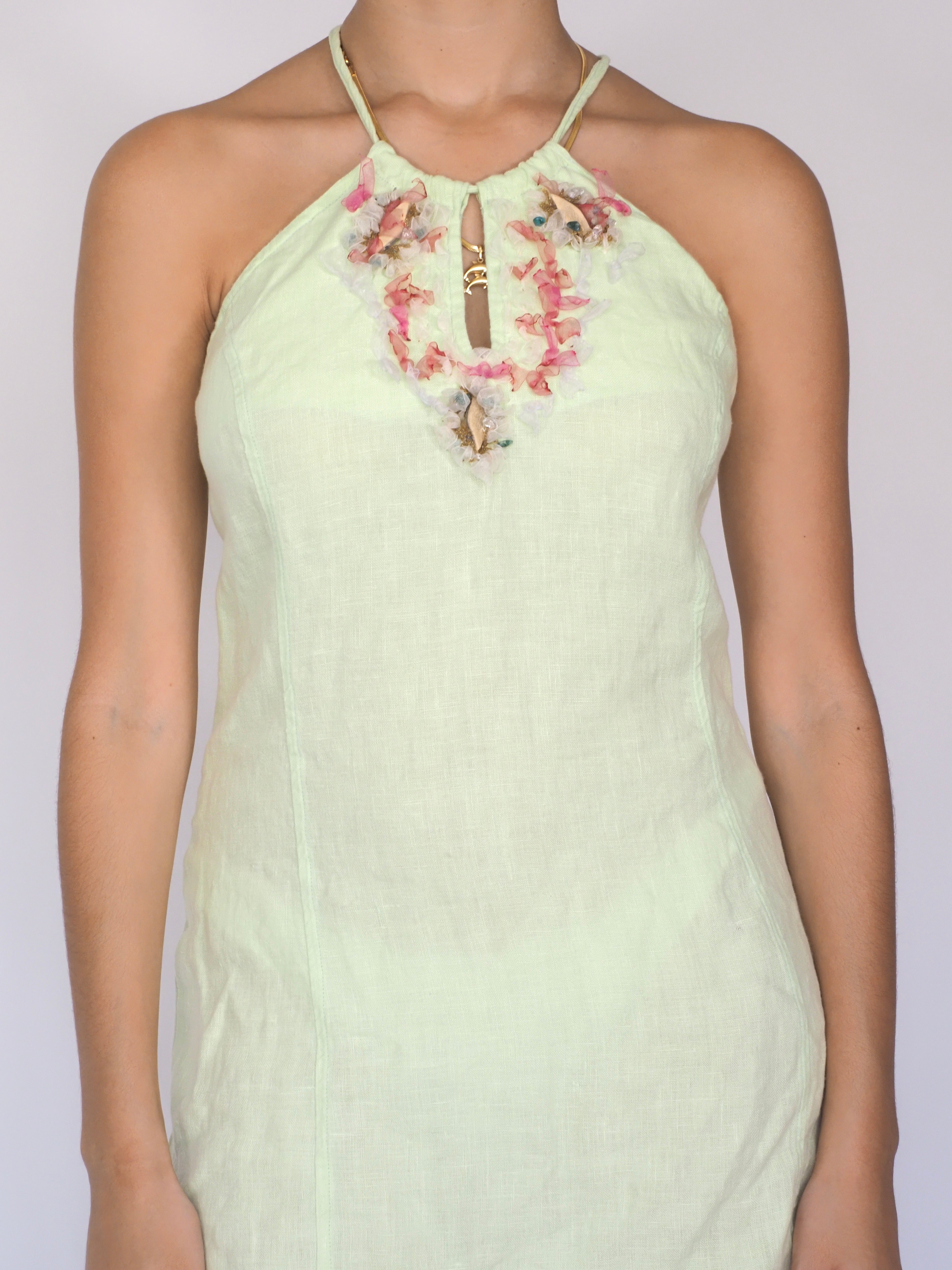 Lamara Tecla Pastel Green Floral Embroidered Halter Mini Dress