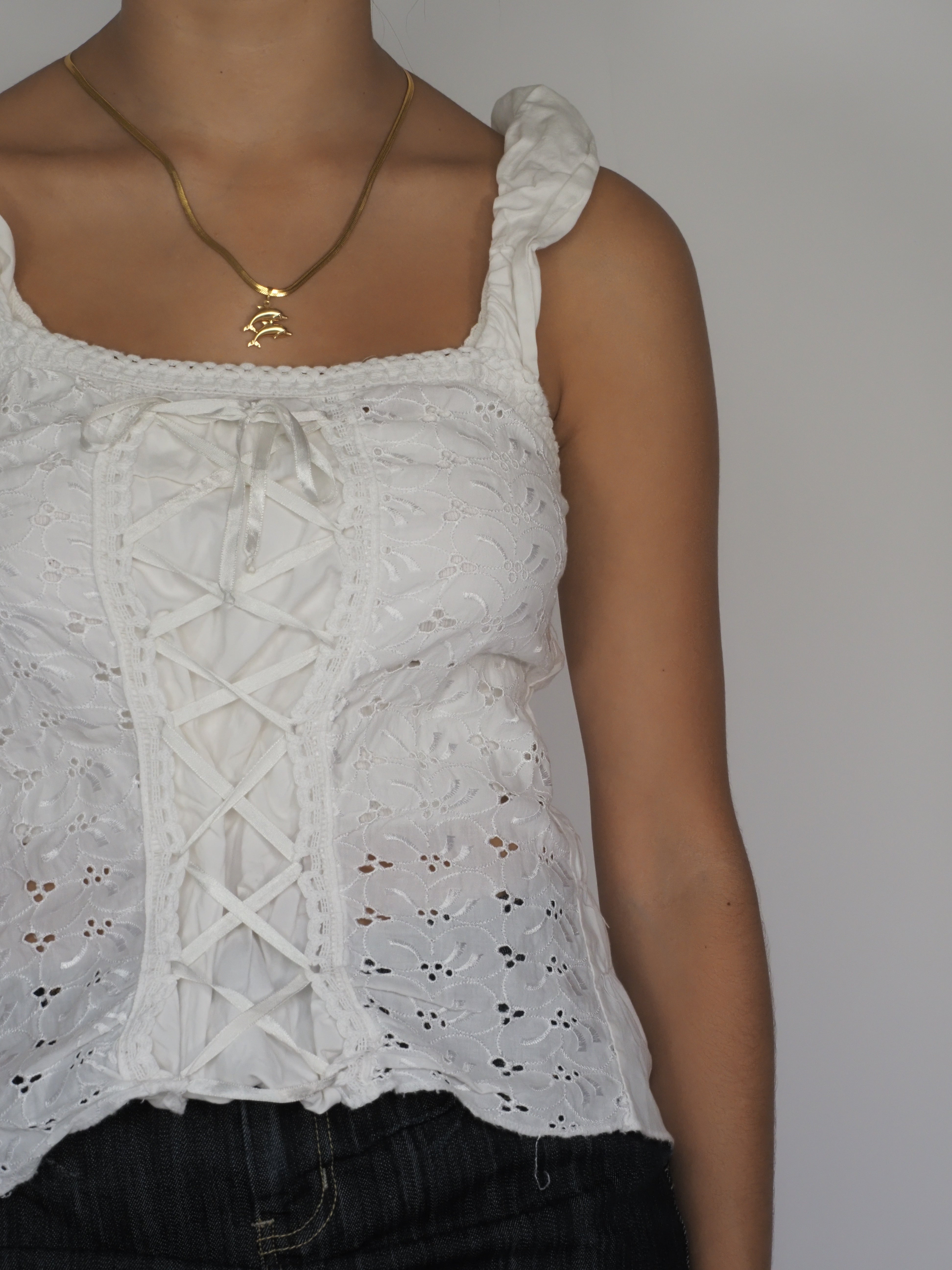 White Broderie Anglaise Corset-Style Top with Ruffle Straps