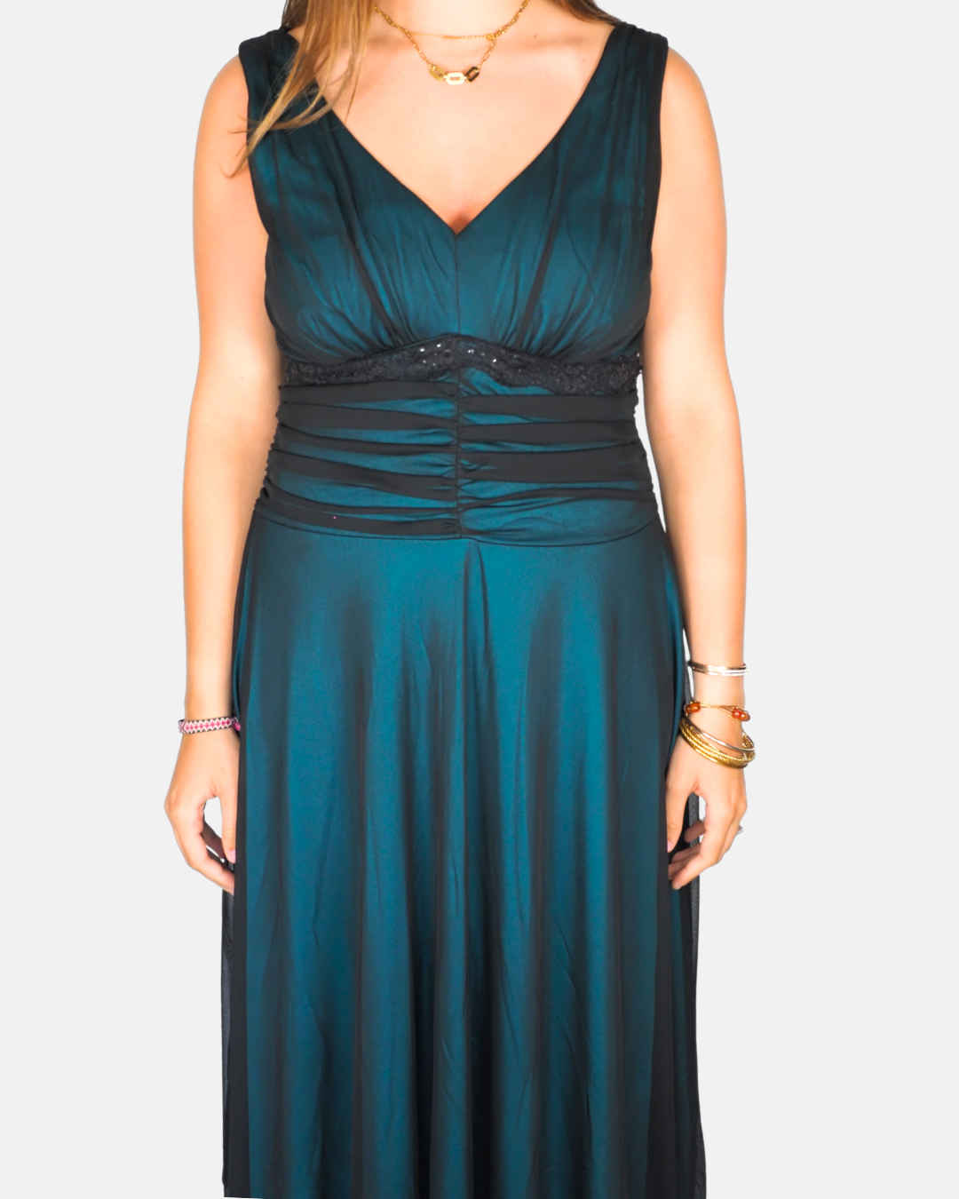 Emerald Satin Ruched Evening Dress by Yessica
