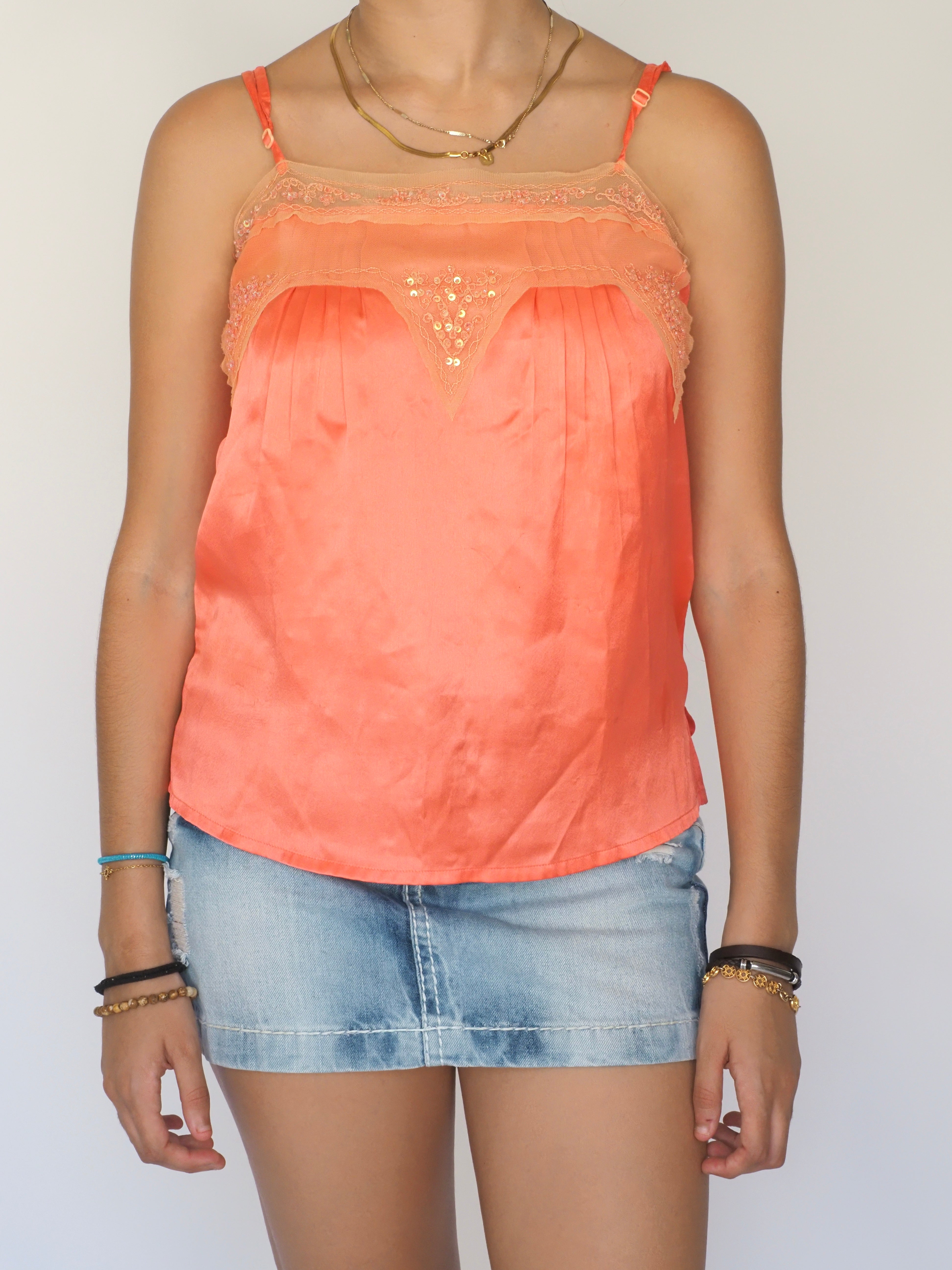 Vintage Coral Satin & Lace Cami Top – H&M