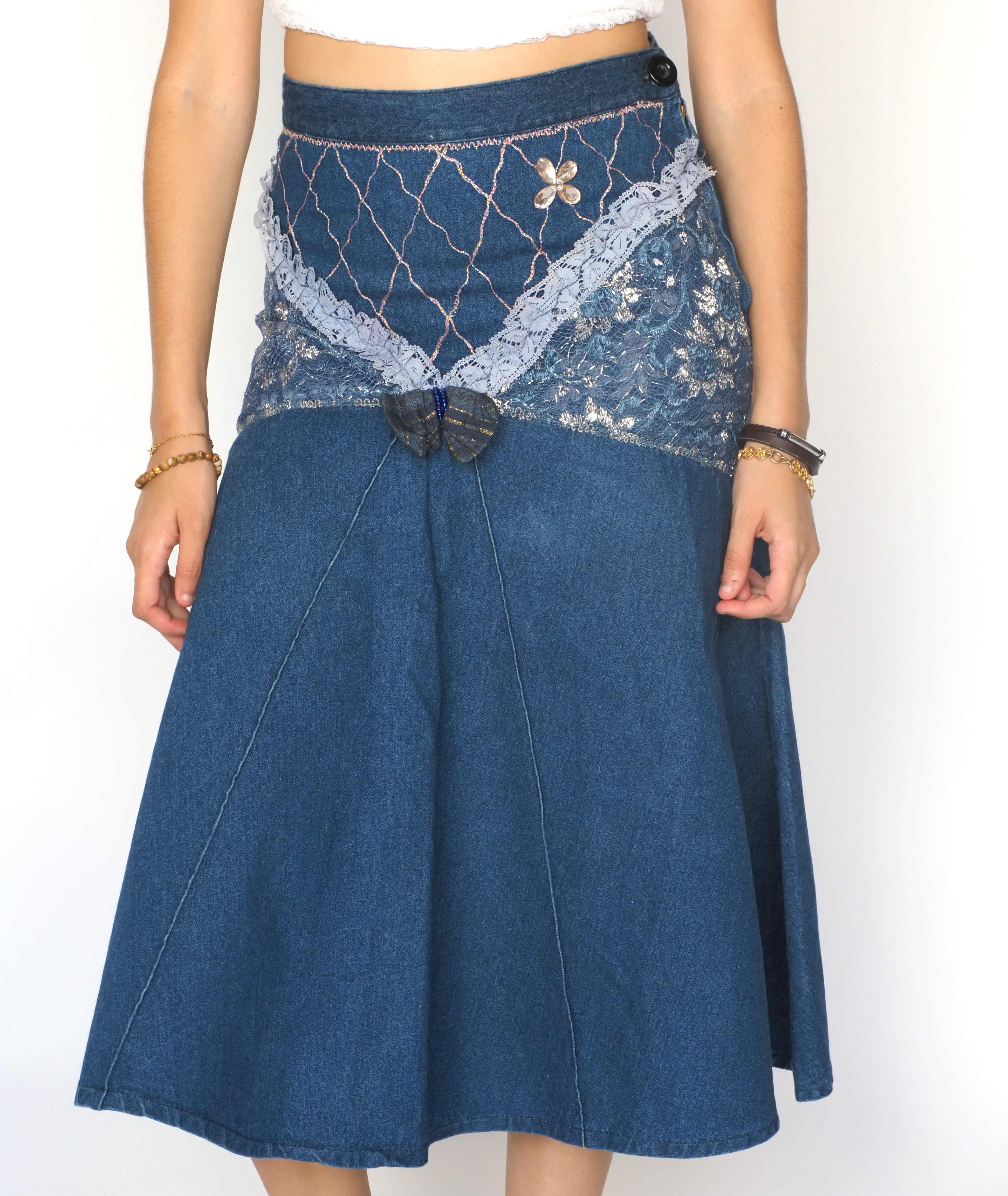 Embroidered Denim Midi Skirt with Lace & Butterfly Detail – Cobra