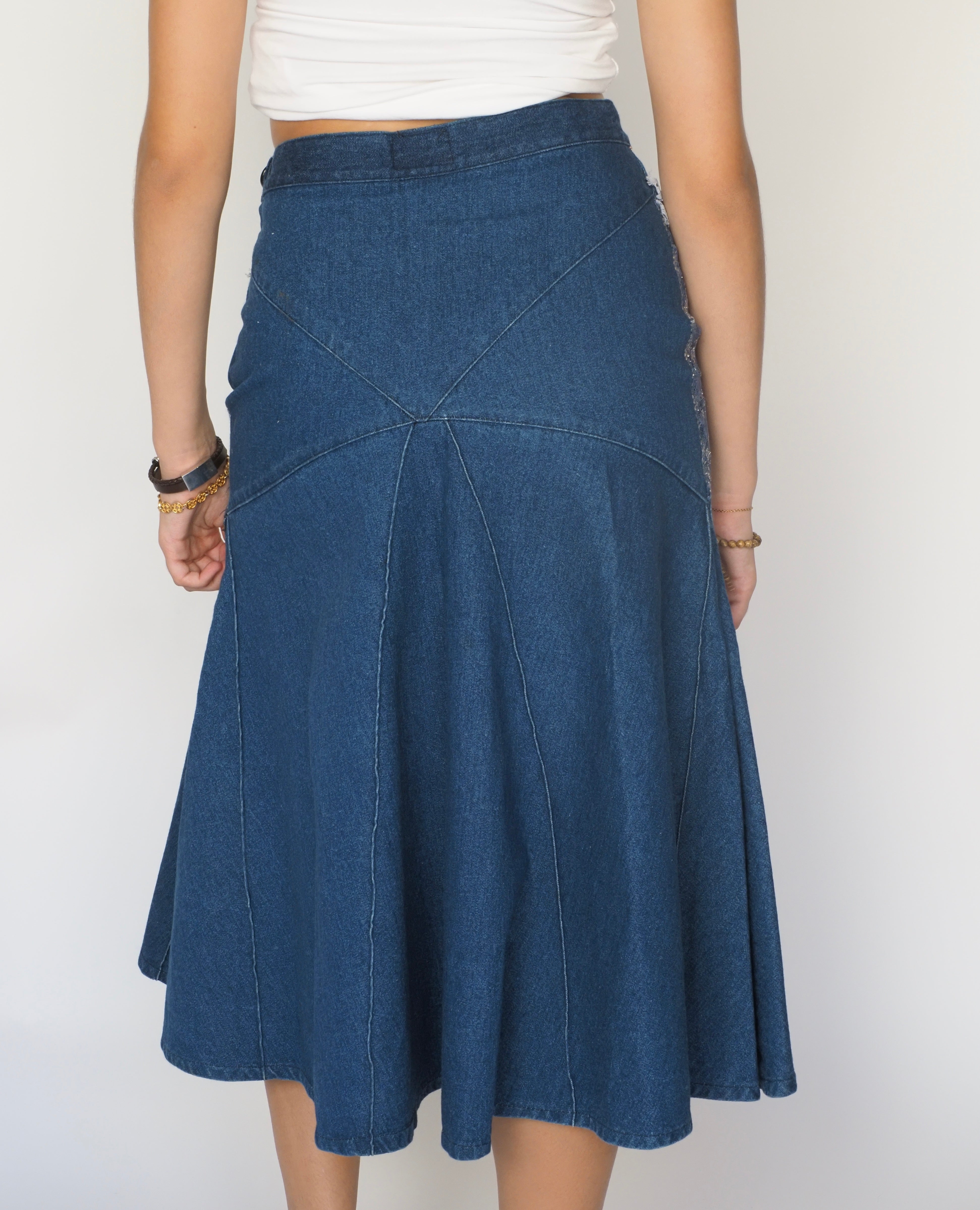 Embroidered Denim Midi Skirt with Lace & Butterfly Detail – Cobra
