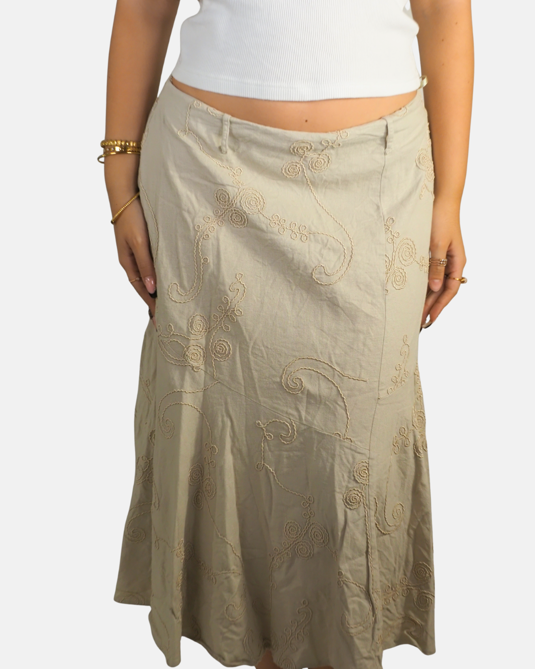 Beige Embroidered Boho Maxi Skirt - SALOOS