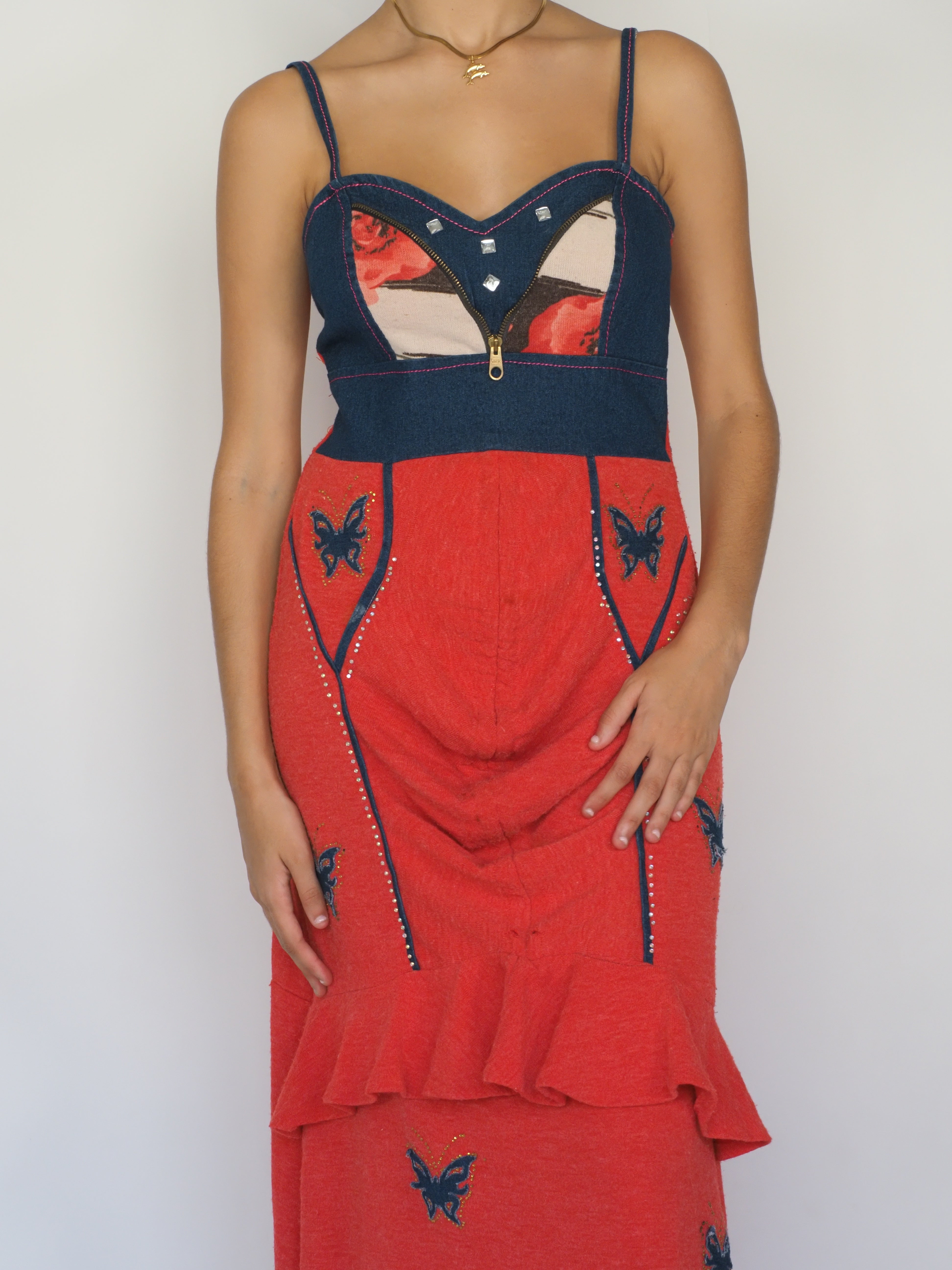 Y2K Butterfly Zip Corset Maxi Dress – Red, Denim & Floral Patchwork