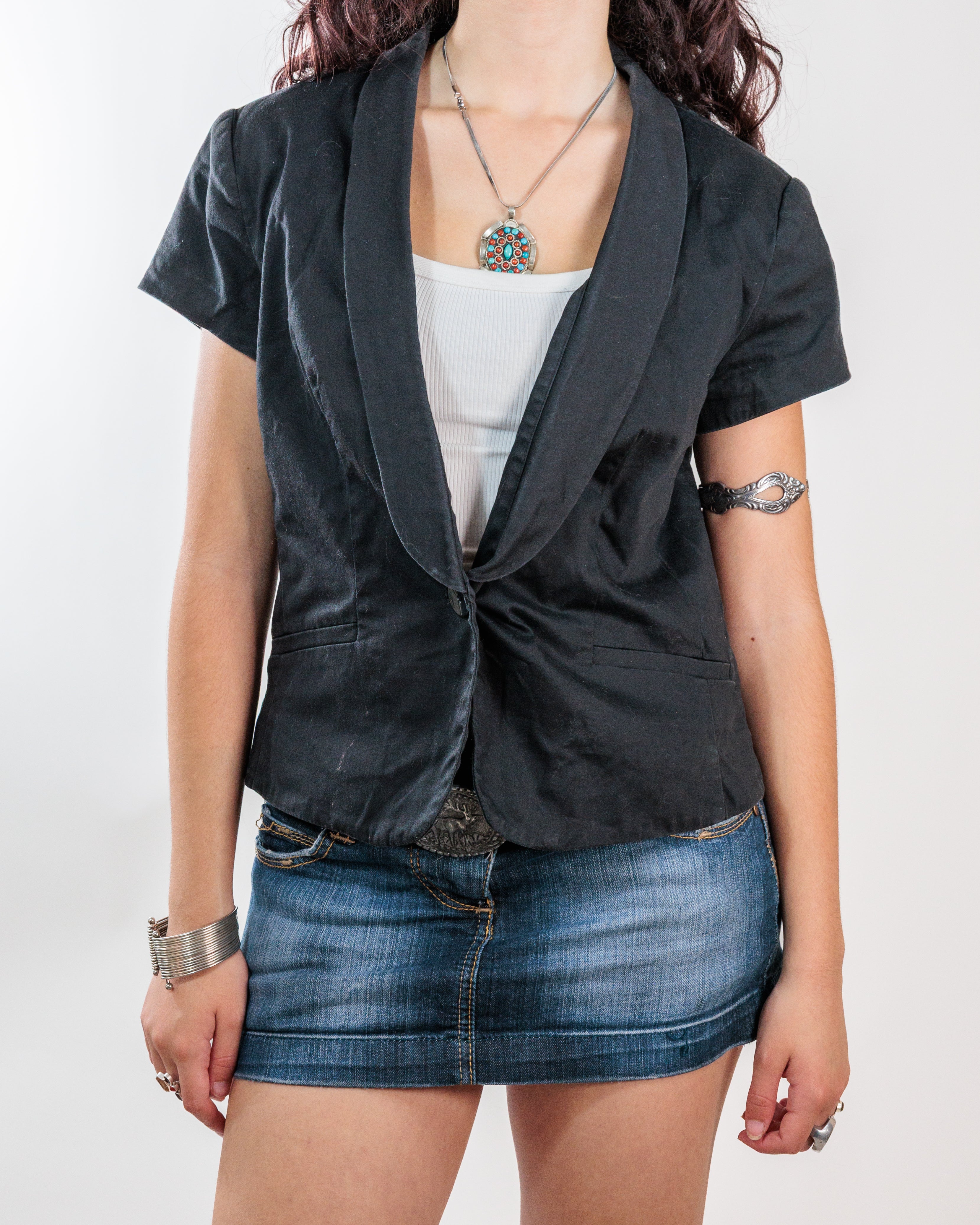 Black Short Sleeve Shawl Collar Blazer - Promod